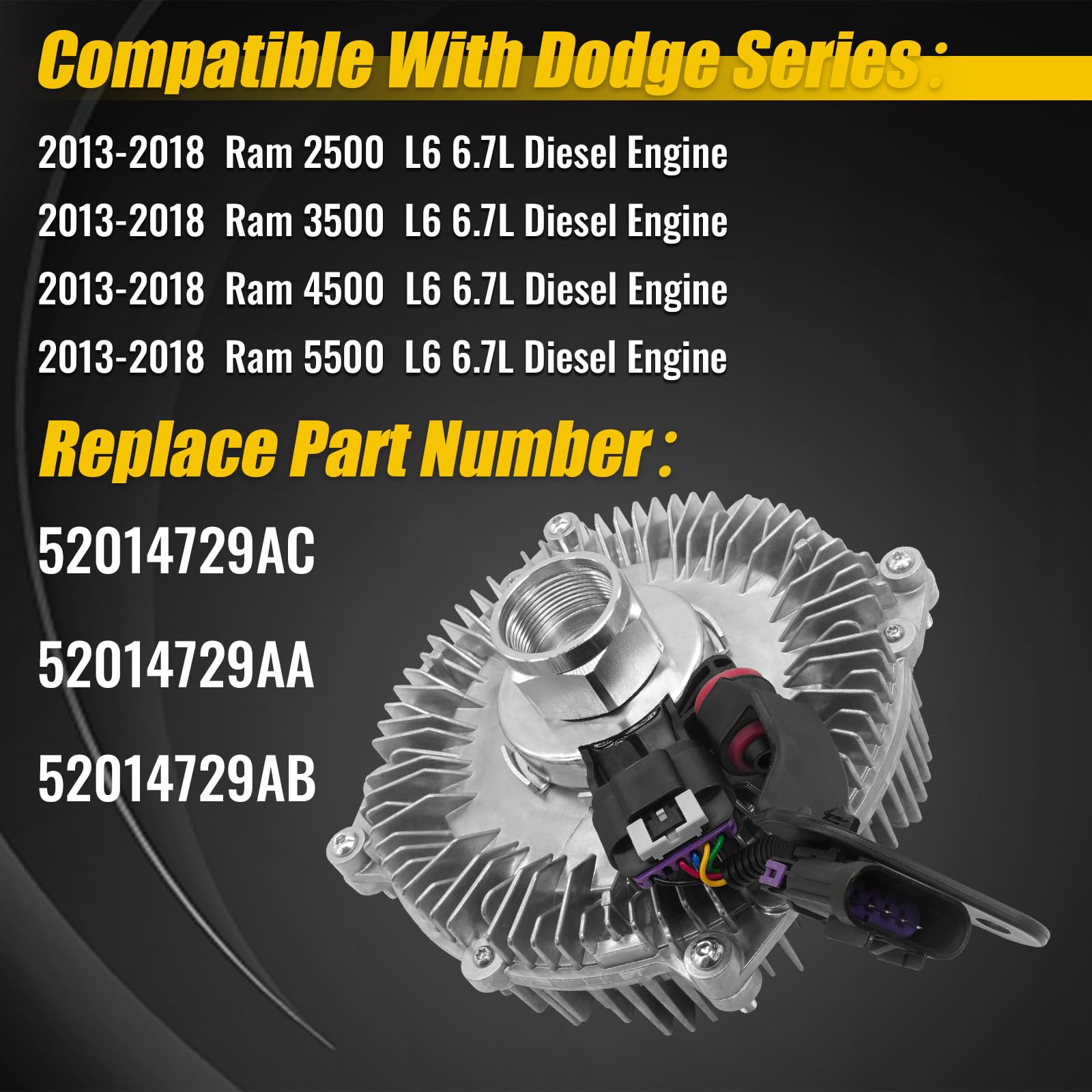 **6.7L Cummins Radiator Cooling Fan Clutch for Dodge Ram 2500 3500 4500 5000 (2013-2018) - Replacement for 52014729AC 52014729AB 52014729AA - Perfect for Off-Road & Heavy-Duty Towing**