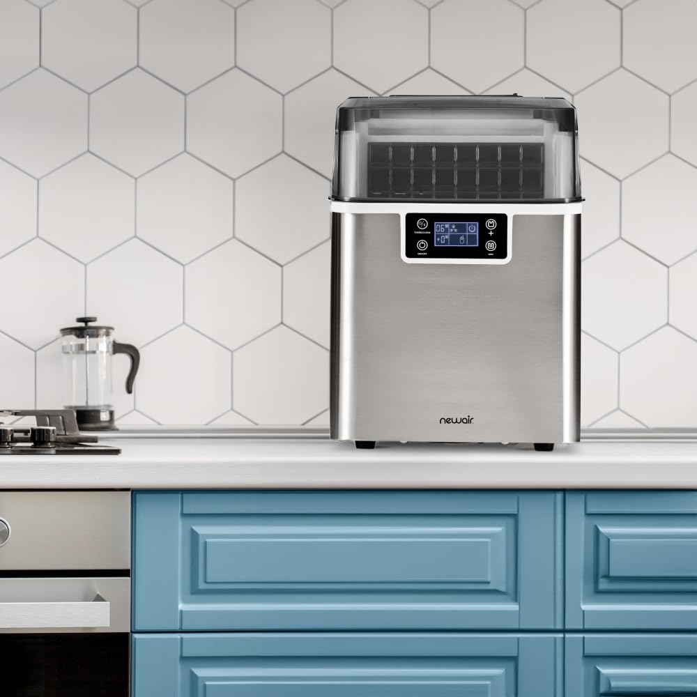 Newair 45lbs/Day Countertop Clear Ice Maker with Self-Cleaning & Adjustable Ice Thickness - Portable Ice Cube Machine with 24H Timer - Perfect for Home, Office, RV, Outdoor Bar & Parties - Stainless Steel Design
