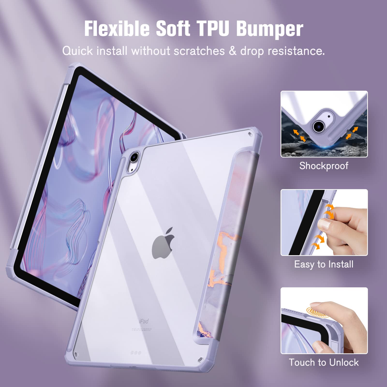 Fintie Hybrid Slim Shockproof Case for iPad Air 11-inch (M3/M2) & 10.9-inch (5th/4th Gen) - Clear Back Shell with Pencil Holder, Lilac Marble Design - Perfect for Work, School & Travel Protection