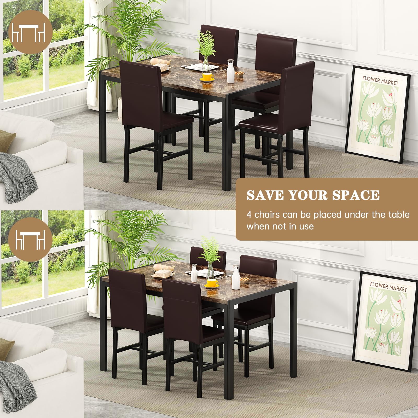 Modern 5-Piece Dining Table Set for 4 with Faux Marble Top & Leather Upholstered Chairs - Compact Brown Kitchen Table Set for Small Spaces | Perfect for Apartments, Breakfast Nooks & Cozy Family Dinners