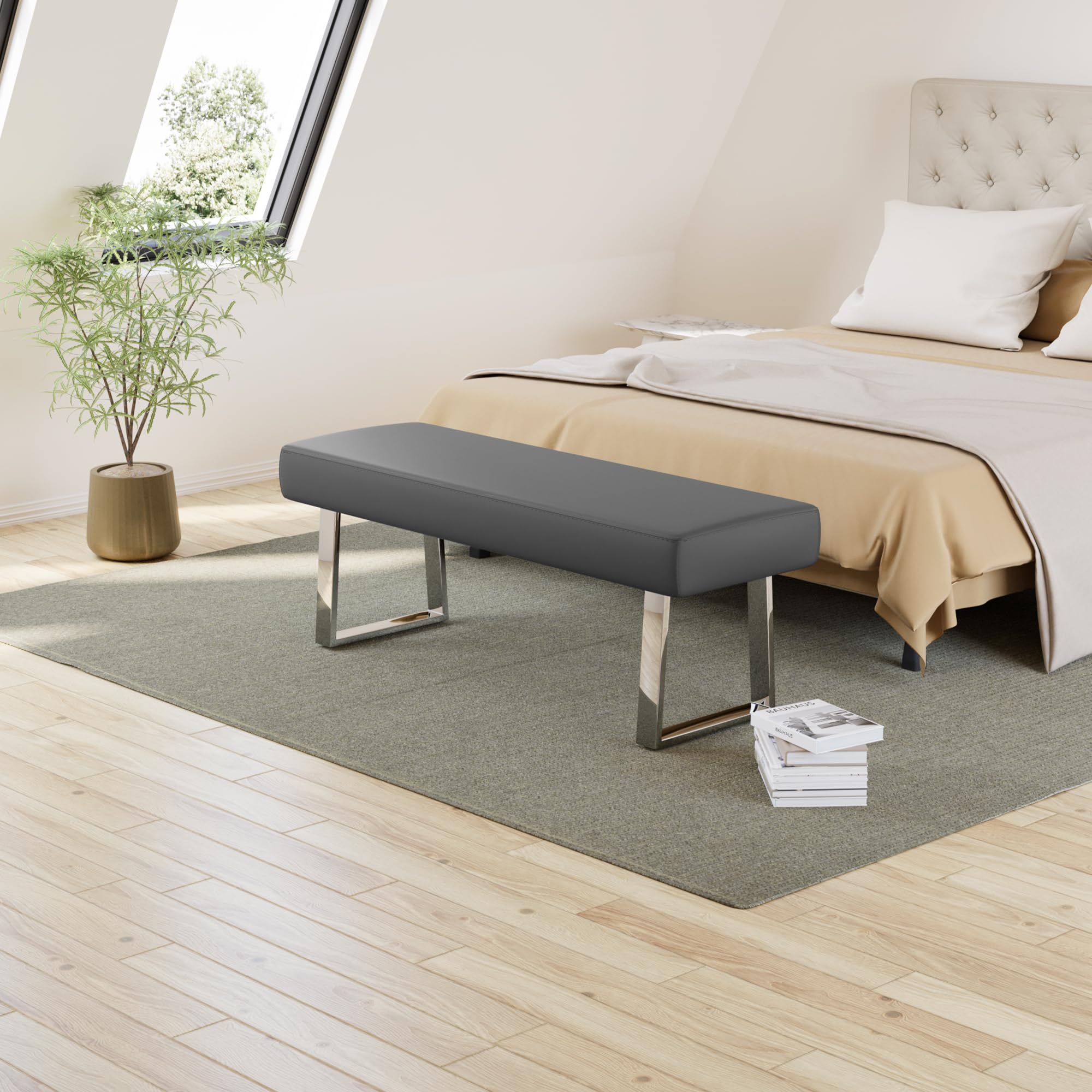 Upholstered Bedroom Bench with Metal Legs - Stylish End of Bed Bench, Entryway Seat, Living Room & Dining Room Decor, Indoor Corner Bench for Plants or Footrest