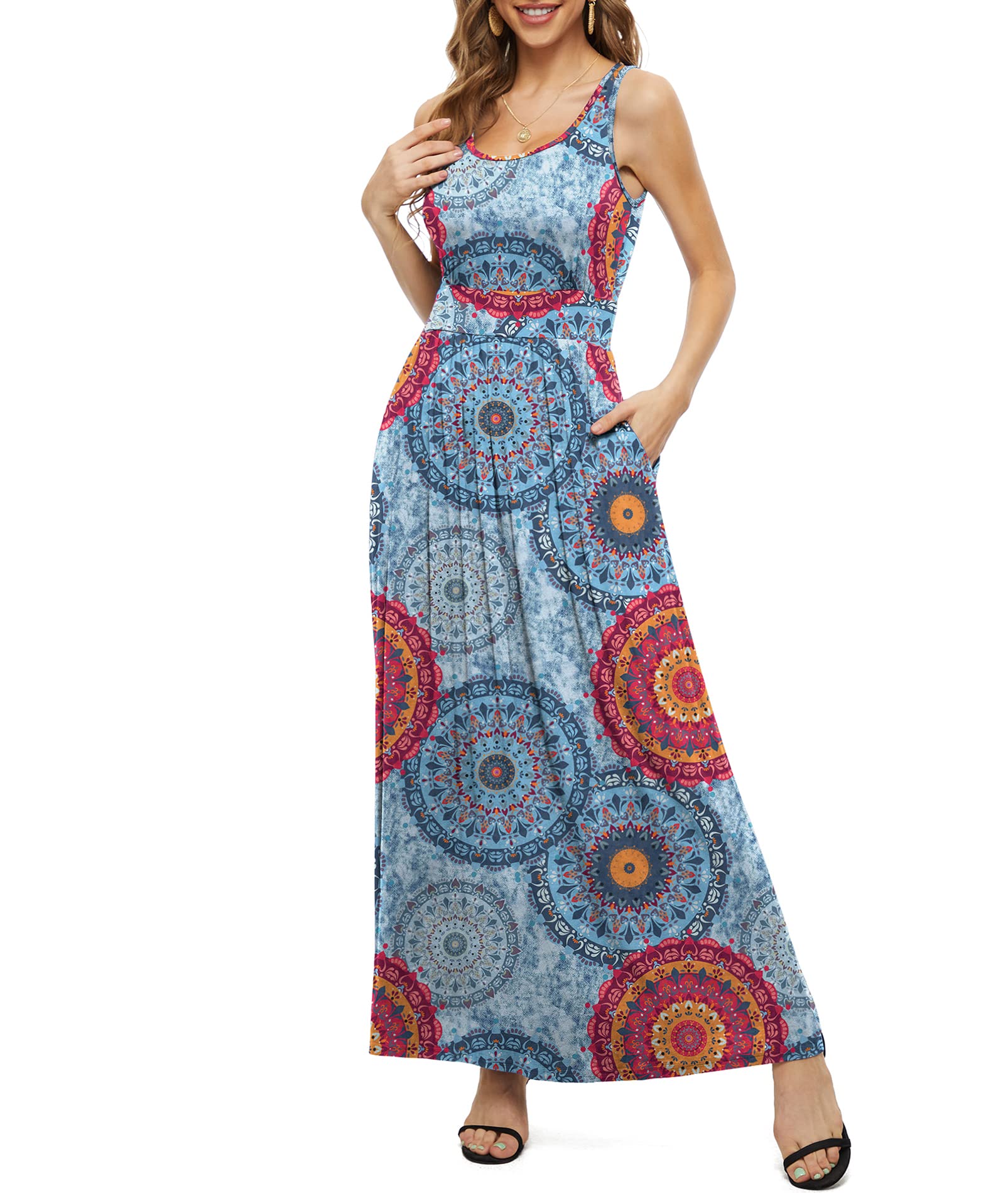 LILBETTER Women's Sleeveless Maxi Dress with Pockets - Empire Waist Flowy Long Summer Dress for Casual Wear, Beach, Vacation & Outdoor Activities