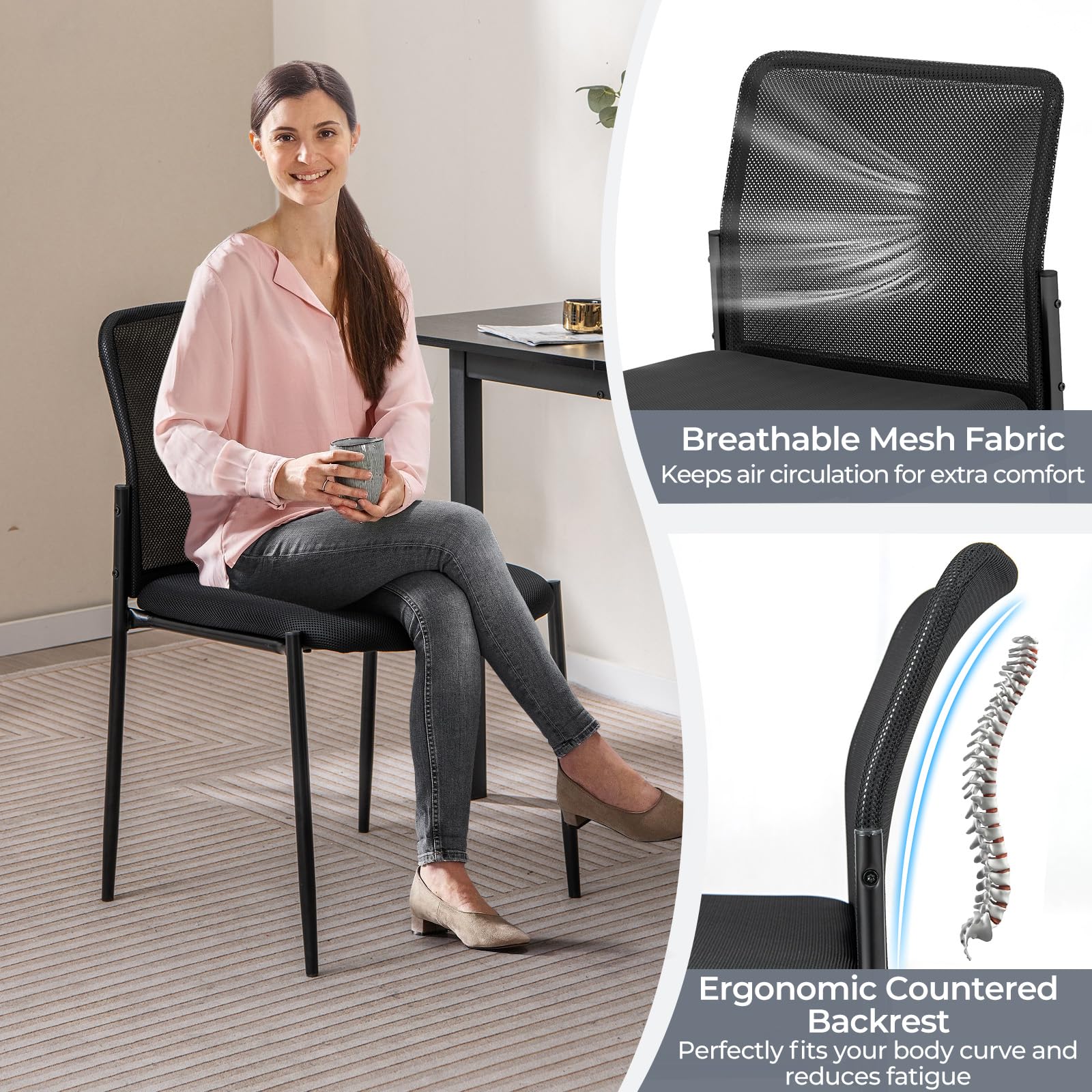 GOFLAME Stackable Conference Chairs with Breathable Mesh Back & Padded Seat - 2 Pack Office Waiting Room Chairs for Reception, Lobby, Meeting Room & Executive Workspace - Comfortable Armless Side Chairs for Professional Settings