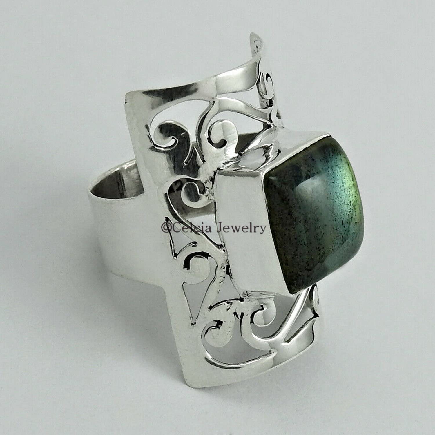 Natural Labradorite Gemstone Ring for Women – Elegant Square Statement Band, Unique Gift for Mom, Anniversary, or Promise – Anxiety Relief Jewelry – Perfect for Daily Wear, Special Occasions & Stress Relief (7, Labradorite)