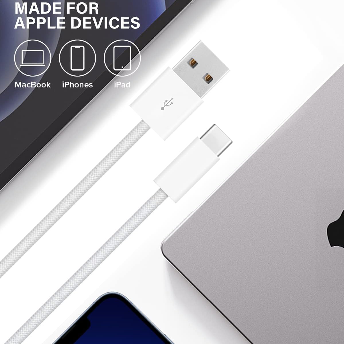 Premium Braided USB-C to USB-A Fast Charging Cable for Apple iPhone 16/15 Pro Max - Durable Nylon Woven CarPlay Charger Cord - Compatible with iPhone Charging & CarPlay System - Perfect for Home, Office & Car Use
