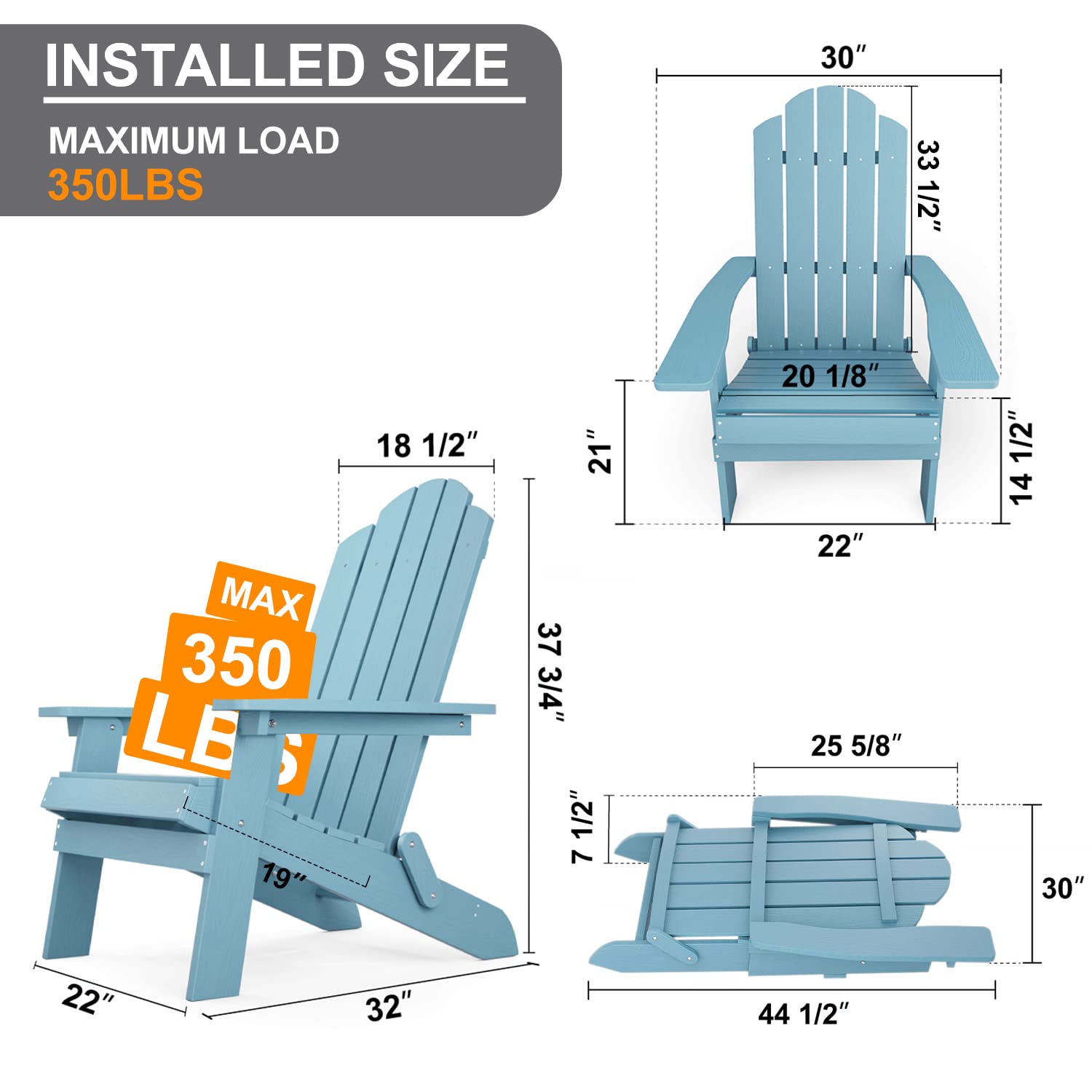 MXIMU Folding Adirondack Chair - Lightweight Plastic Outdoor Chair for Lawn, Backyard, Deck, Garden & Camping - Fire Pit Seating - Weather-Resistant & Portable (Blue) - Perfect for Relaxing, Lounging & Outdoor Gatherings