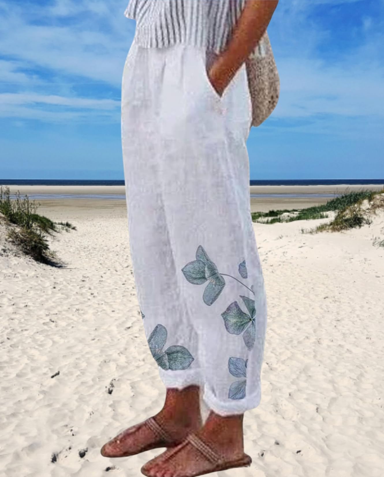 Women's Costa Rican Cotton Linen Pants - Elastic Waist Floral Print Cropped Trousers with Pockets | Casual Summer Beach Wear, Vacation Outfit & Boho Chic Style