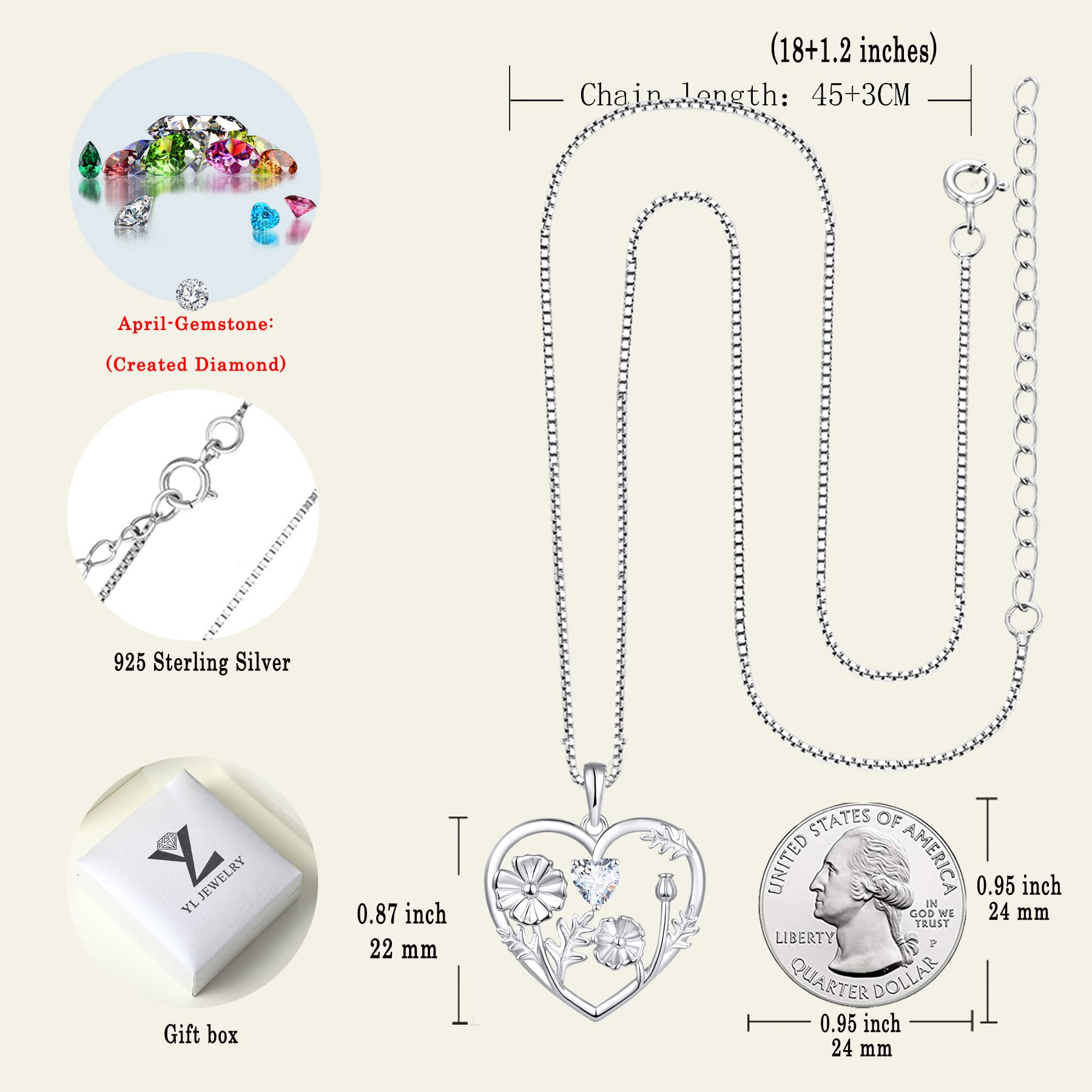 YL Women's Birth Flower Necklace - 925 Sterling Silver Heart Pendant with Gemstone Charm - Personalized Birthstone Jewelry Gift for Mom, Wife, Daughter | Perfect for Birthday, Anniversary & Valentine's Day