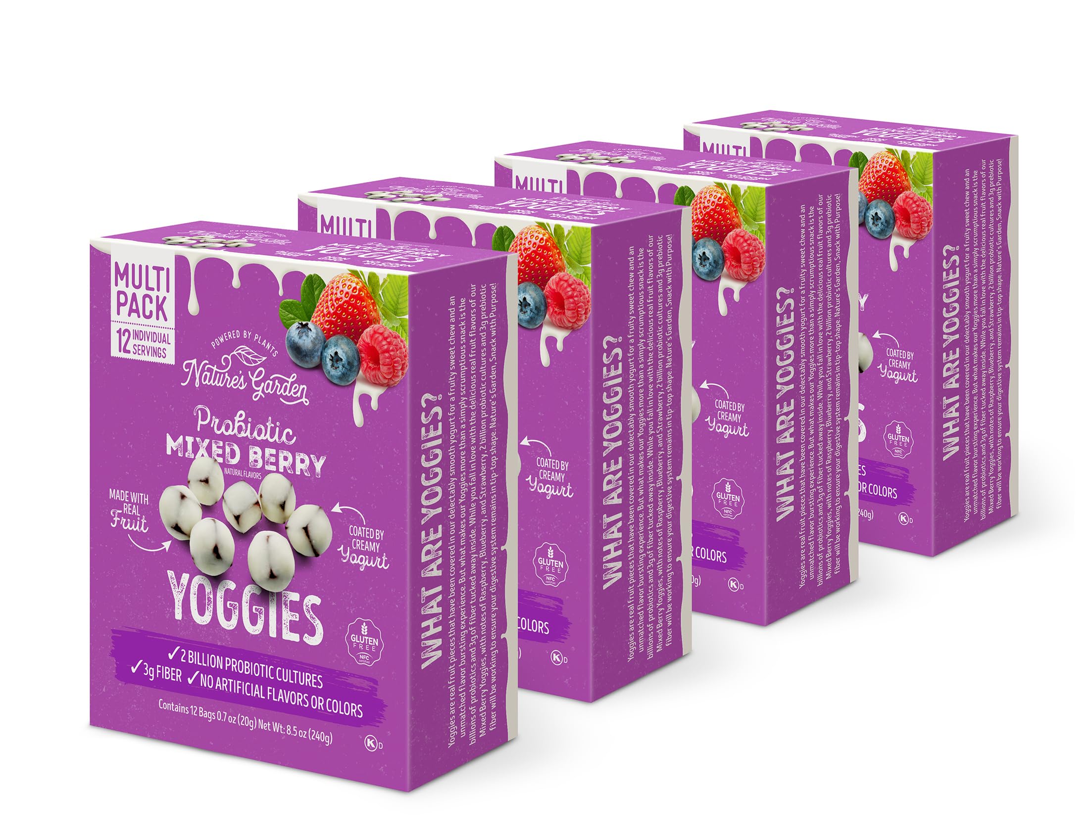 Nature's Garden Probiotic Mixed Berry Yoggies - 12 Pack x 0.7oz (4 Packs Total) | Yogurt Covered Fruit Snacks with High Fiber & Real Fruit Pieces | Gluten Free, No Artificial Ingredients | Healthy Office Snacks for Adults | Perfect for Work, Travel & On-the-Go Nutrition