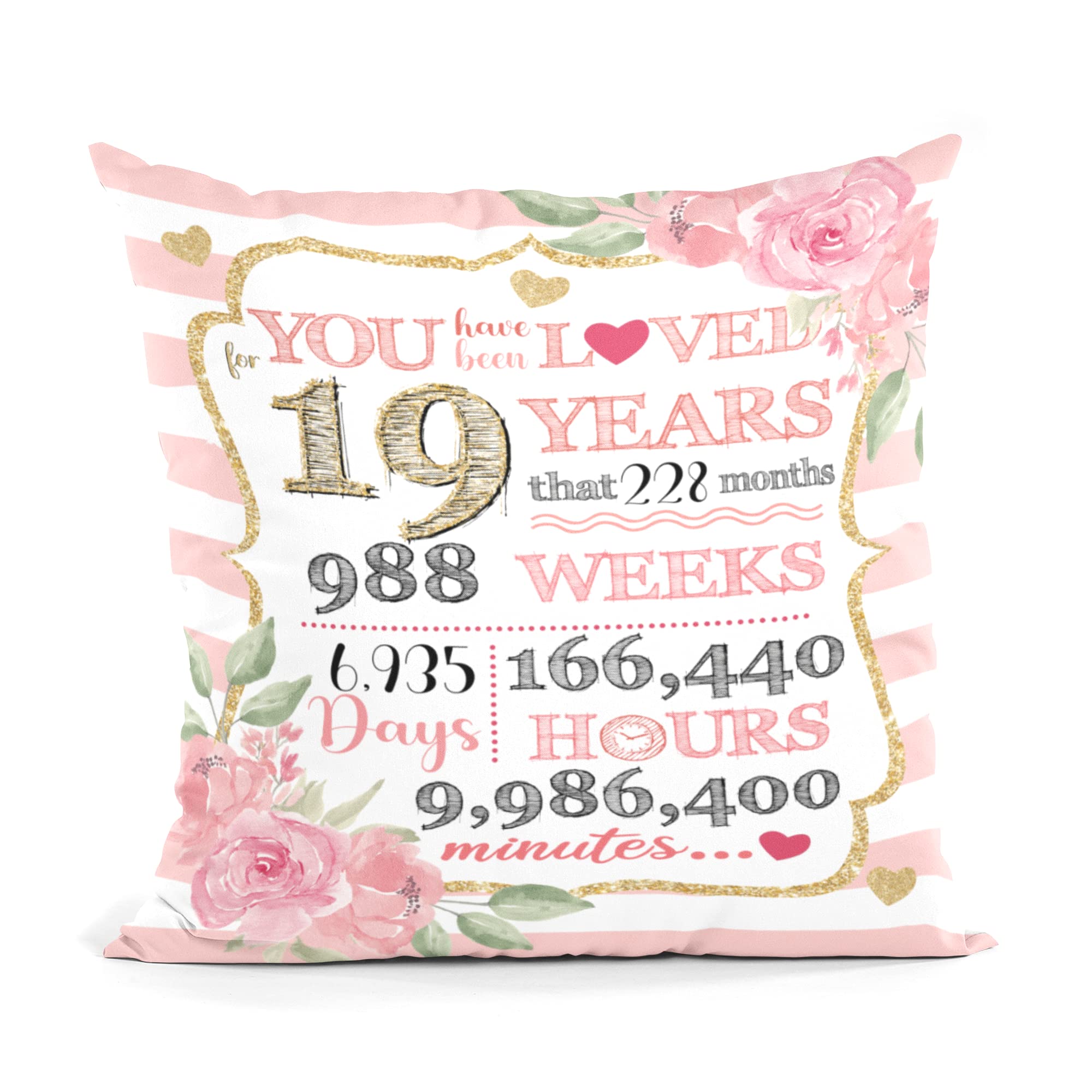 19th Birthday Gifts for Women - 18x18 Inch Decorative Pillow Cover for Sister, Friend, or Daughter | Perfect for Room Decor, Party Decorations & Special Occasions