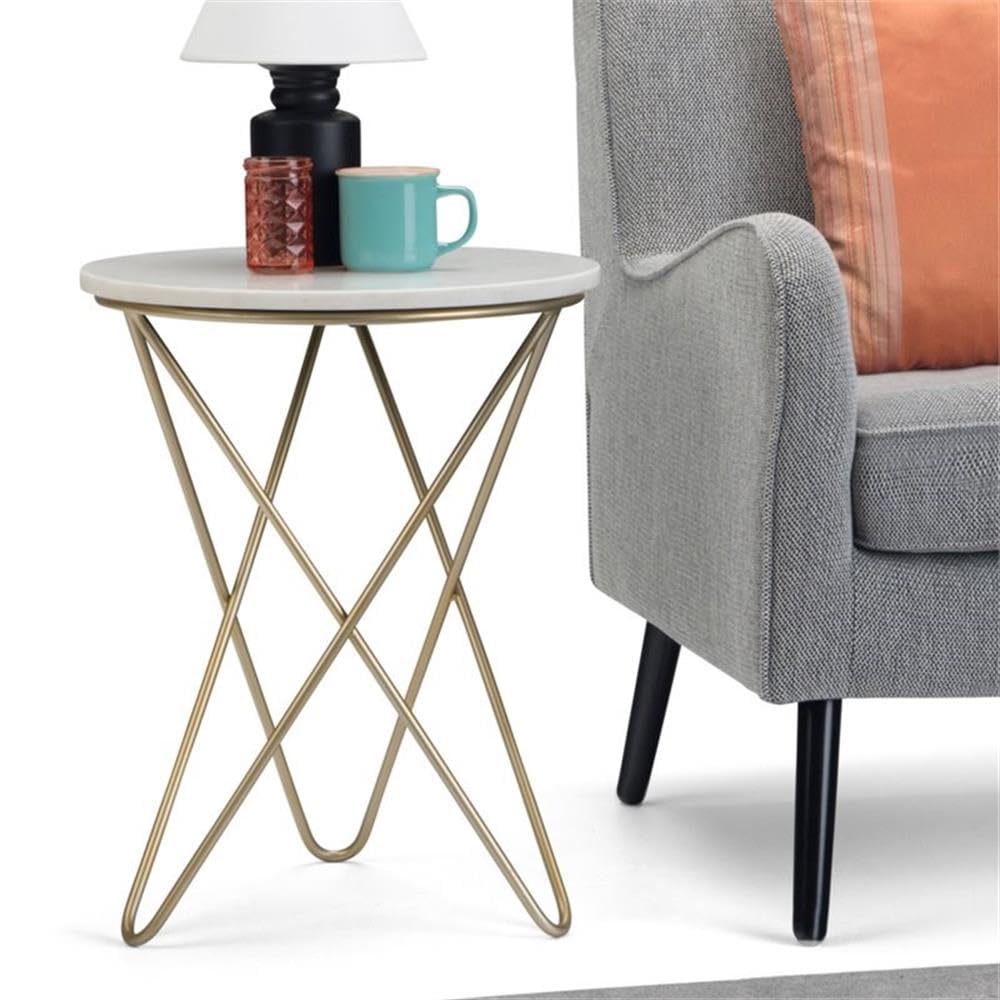 Boho Round End Table with Storage Shelf - Small Space Nightstand, Rustic Telephone Table for Living Room & Bedroom - Gold Corner Parsons Table with White Marble Top | Perfect for Sofa Side, Apartment Decor & Cozy Spaces