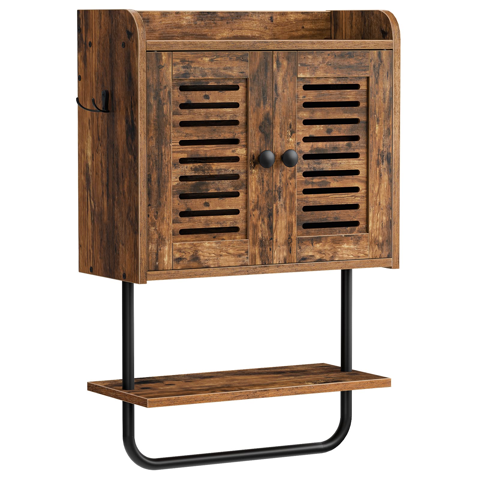 HOOBRO Rustic Brown Double Door Medicine Cabinet with Towel Bar - Adjustable Shelf & 2 Hooks - Over The Toilet Storage Organizer for Bathroom, Bedroom, Kitchen - Perfect for Small Space Organization & Bathroom Essentials Storage