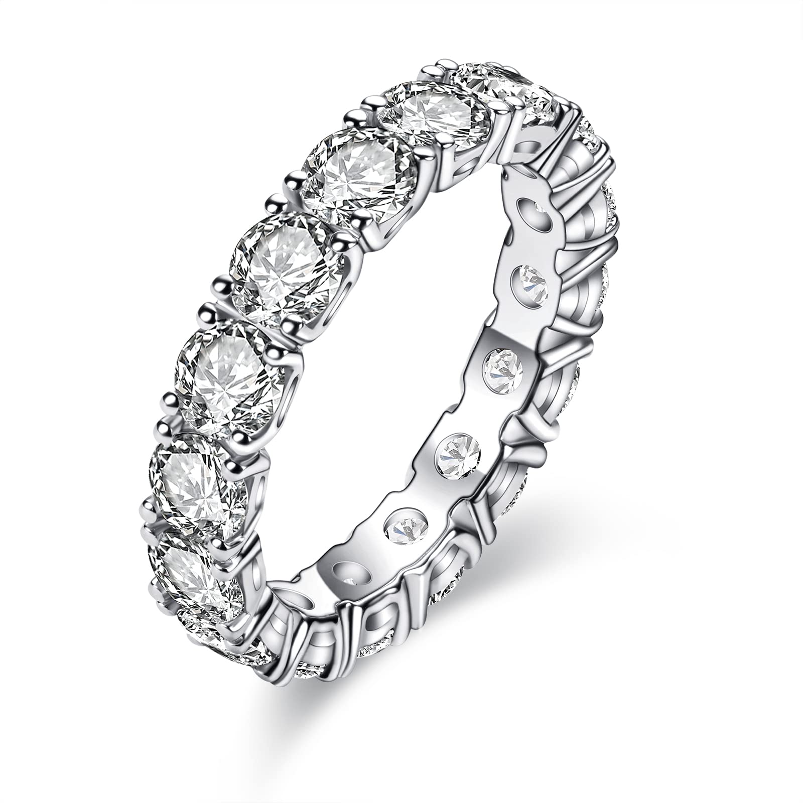 4.0mm 5 CTTW D-Color VVS Moissanite Eternity Wedding Band for Women - Platinum Plated Silver Stackable Ring for Anniversary, Engagement & Bridal Jewelry - Perfect as Wedding Gift, Promise Ring & Everyday Luxury Jewelry