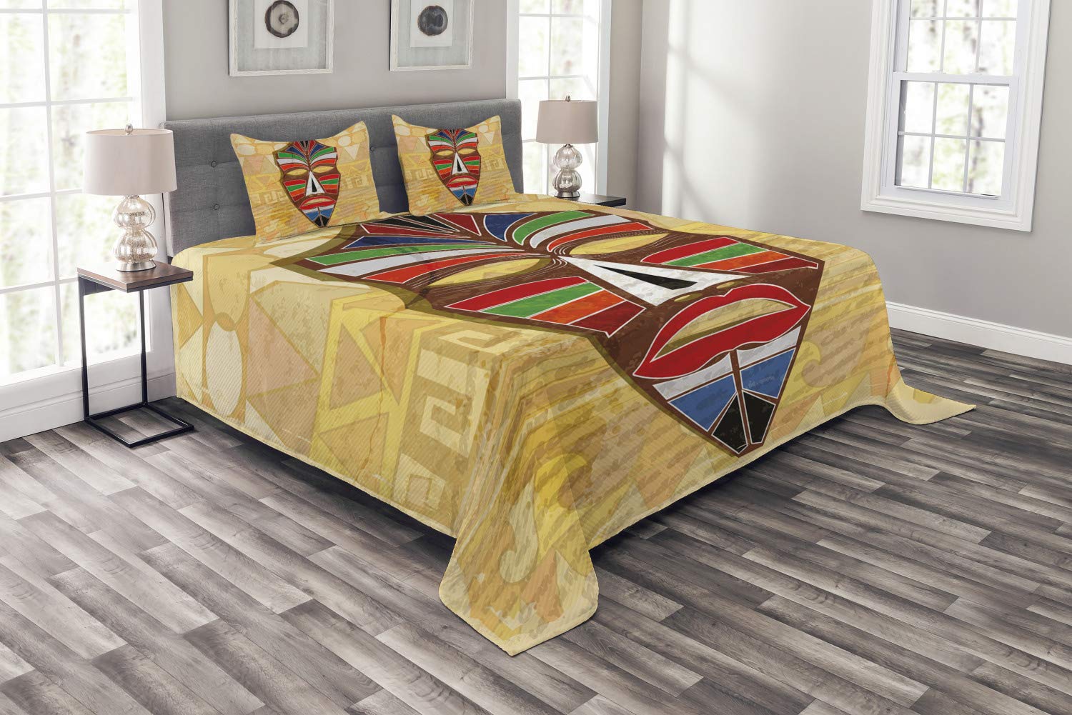 Ambesonne Tiki Bar Bedspread Set - Vibrant Vintage Geometric Prehistoric Pattern 3-Piece King Size Bedding with 2 Pillow Shams | Tropical Themed Bedroom Decor for Beach House, Summer Home & Boho Style Rooms
