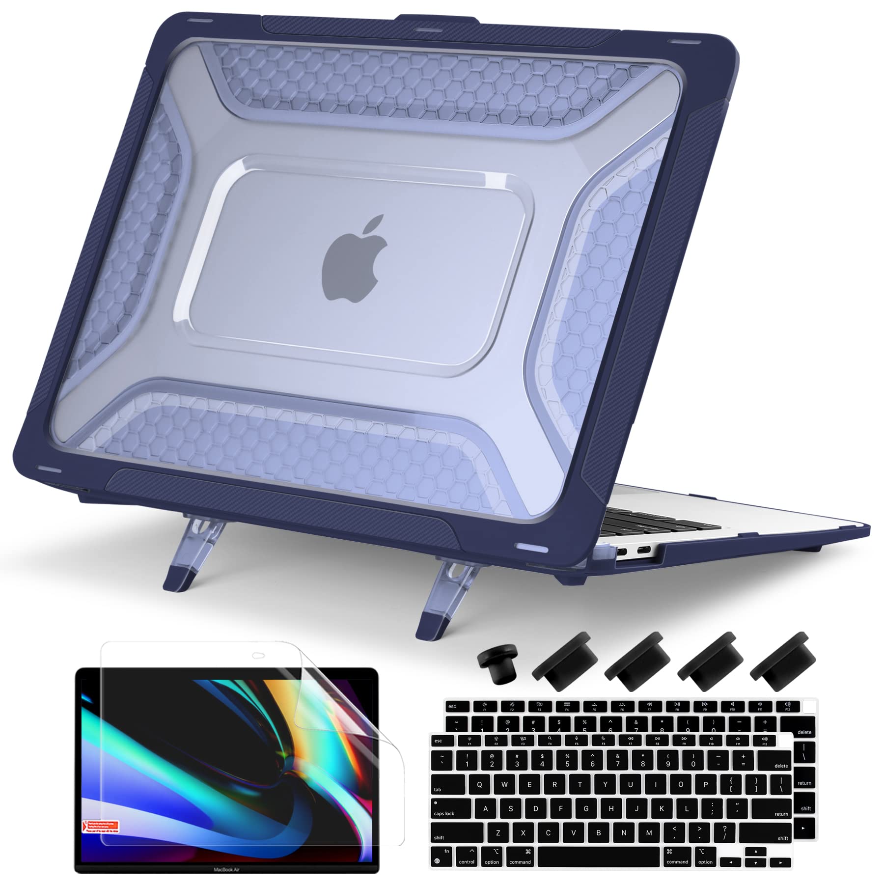 DONGKE Heavy Duty Rugged Hard Shell Case with Kickstand for MacBook Air 13 Inch (A2337 M1 A2179 A1932 2021-2018) - Protective TPU Bumper Cover Compatible with Retina Display & Touch ID, Navy Blue - Perfect for Travel, Office & School Use