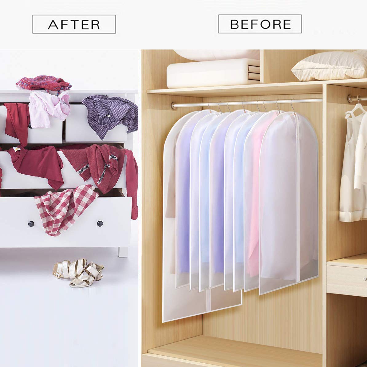 Ruibo 6 Pack Clear Hanging Garment Bags for Closet Storage & Travel - Heavy Duty Full Zipper Dress & Suit Covers - Perfect for Wardrobe Organization, Seasonal Clothing Protection, and Suitcase Packing