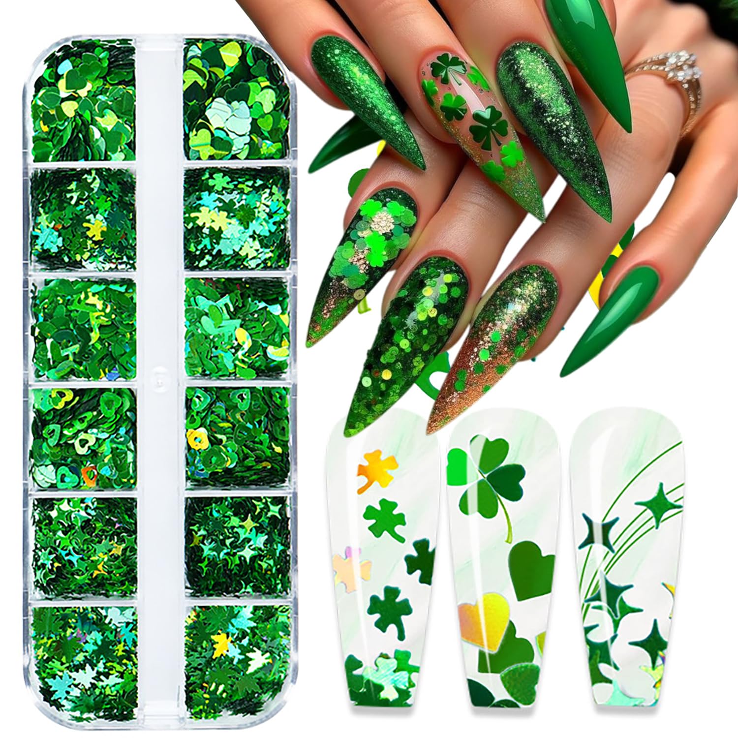 12Grids St. Patrick's Day Nail Art Glitters Sequins - 3D Holographic Irish Shamrock, Green Clover Leaf, Heart & Star Nail Decorations for DIY Manicure | Perfect for Nail Salons, Party Nail Art & Festival Makeup