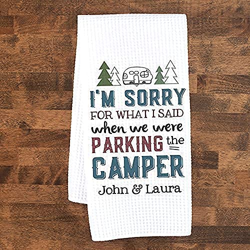 Funny Camper Waffle Weave Dish Towel - Personalized Kitchen Towel Set - RV Travel Trailer Gift & Camper Accessories - Customized Dish Cloth for Camping Decor - Perfect for Outdoor Cooking, Picnics & RV Life