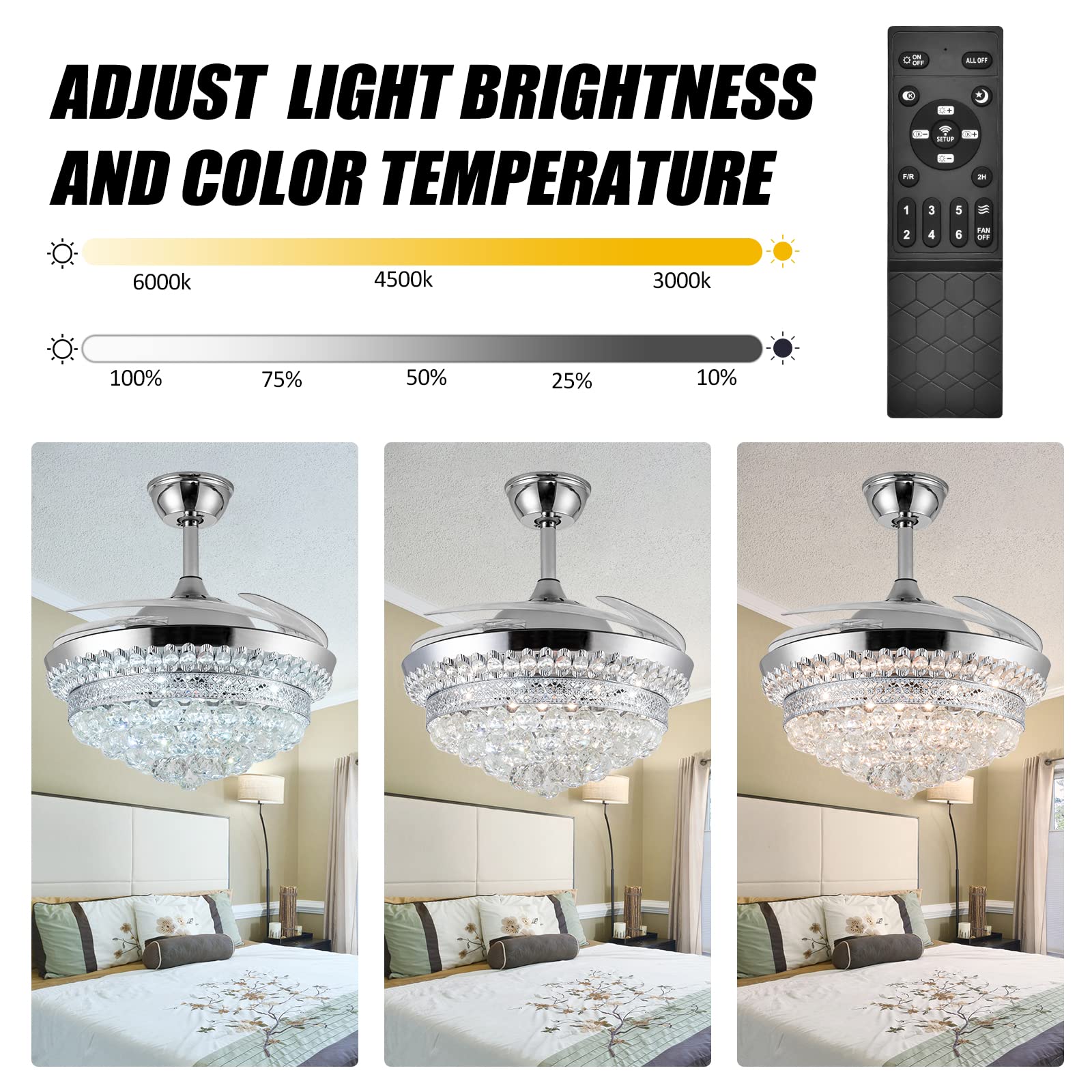 42 Inch Modern Crystal Ceiling Fan with Light & Remote Control - Dimmable Chandelier Fan, 6 Speed Settings, 4 Retractable ABS Blades - Perfect for Bedroom, Living Room, Dining Room & Home Office Decor