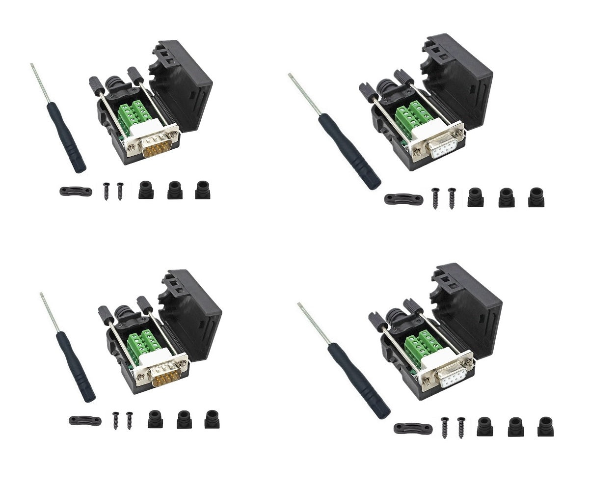 DB9 D-Sub Solderless Breakout Terminal Block Connector Kit - 4 Pack (2 Male + 2 Female) for RS232 Serial Port, DIY Electronics Projects & Industrial Automation