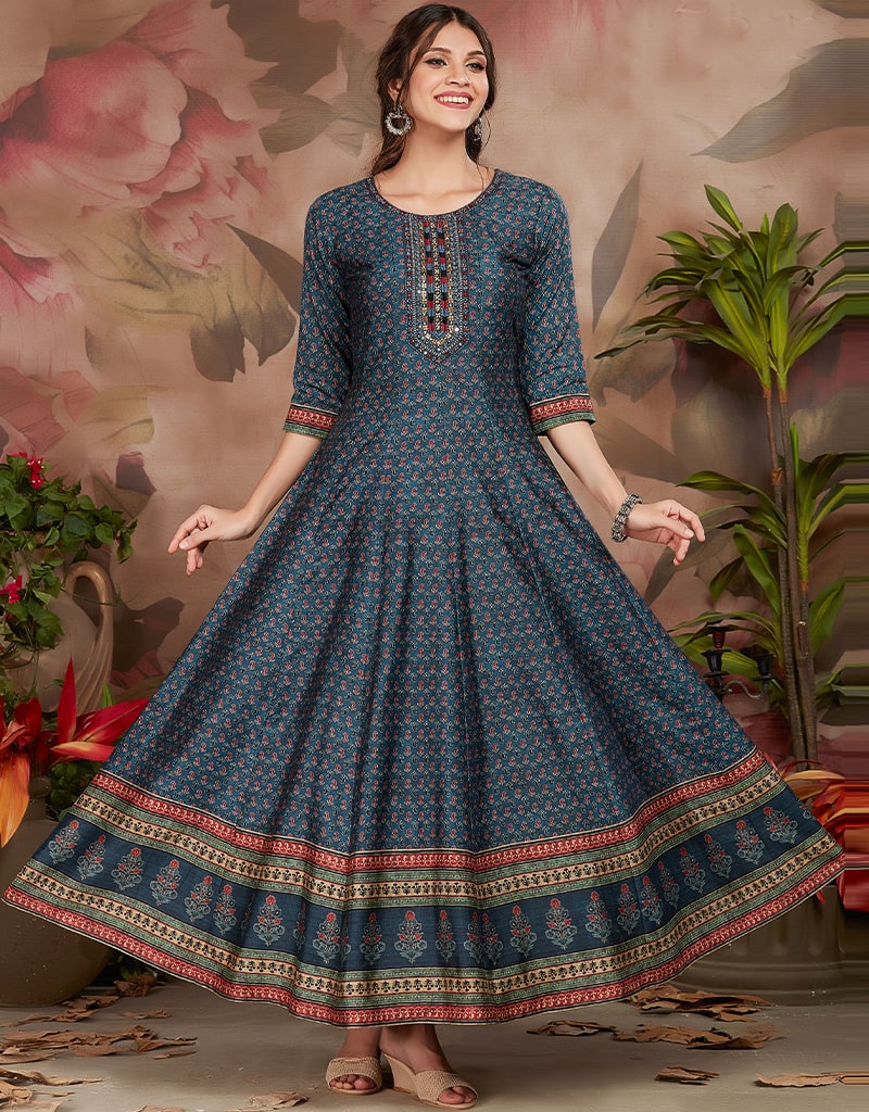Elegant Blue Anarkali Kurti for Women - Traditional Indian Long Tunic Dress for Parties, Weddings & Festive Occasions