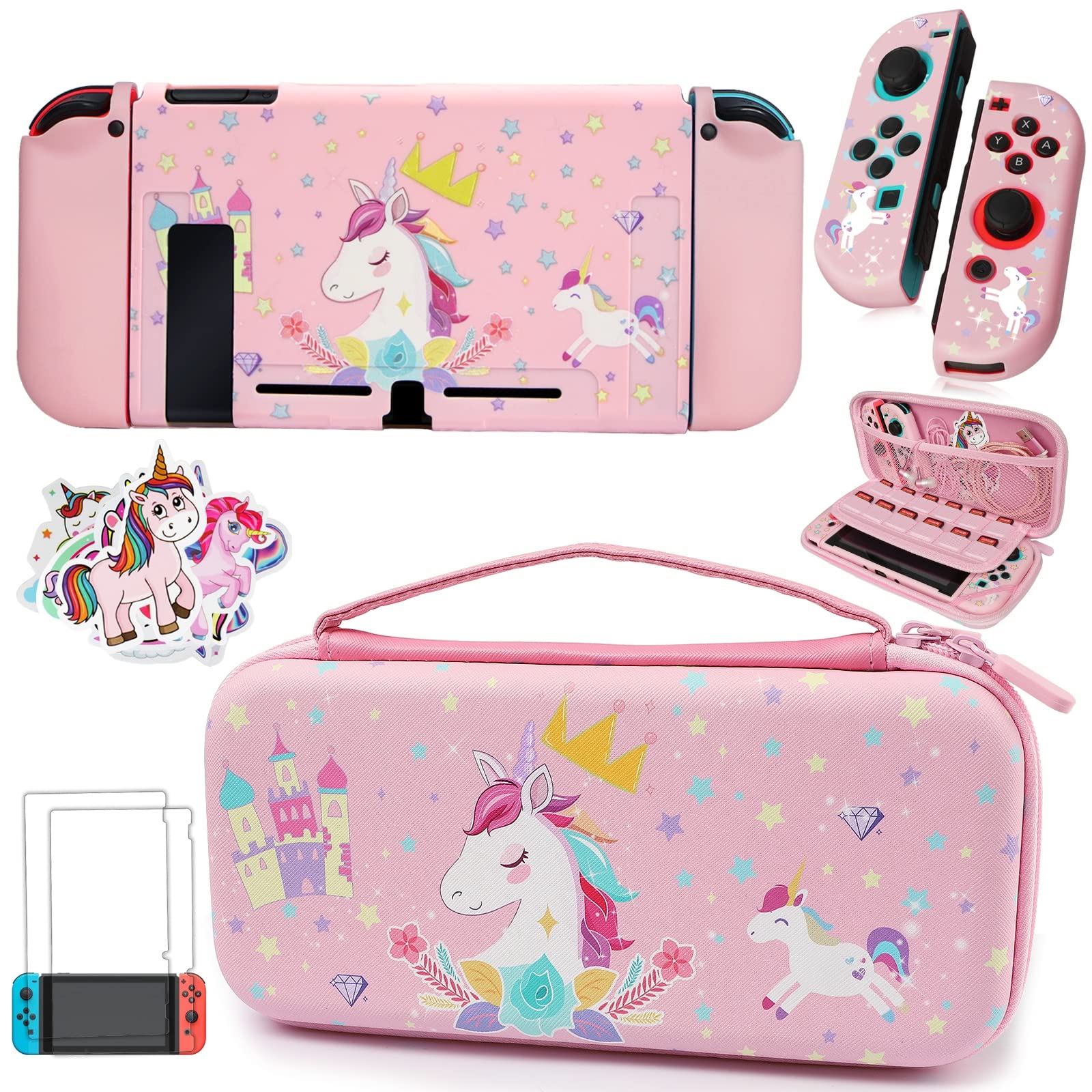 Pink Unicorn Carrying Case for Nintendo Switch (Not OLED/Lite) - Protective Grip Case with Dockable Design, Screen Protector & Unicorn Stickers - Hard Storage Travel Case Accessories Kit - Perfect Gift for Girls - Great for Gaming On-The-Go & Travel Protection