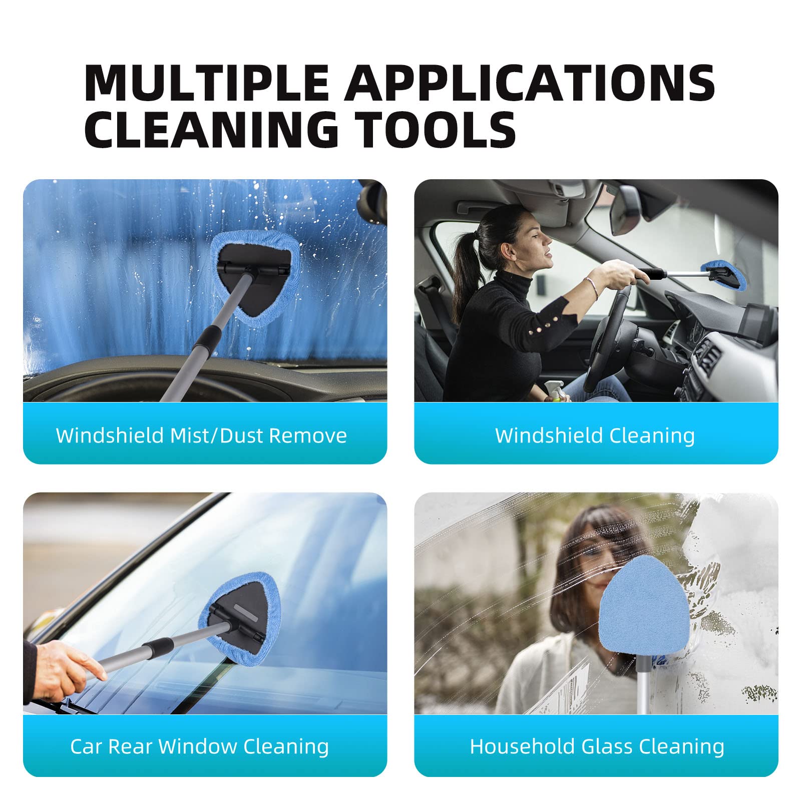 Upgraded Deuvuo Windshield Cleaning Tool - Expandable Car Window Cleaner with 6 Reusable Microfiber Pads & 2 Spray Bottles - Multifunctional Auto Interior Glass Cleaning Wand for Cars, Trucks & SUVs - Perfect for Home, Office & Road Trip Cleaning