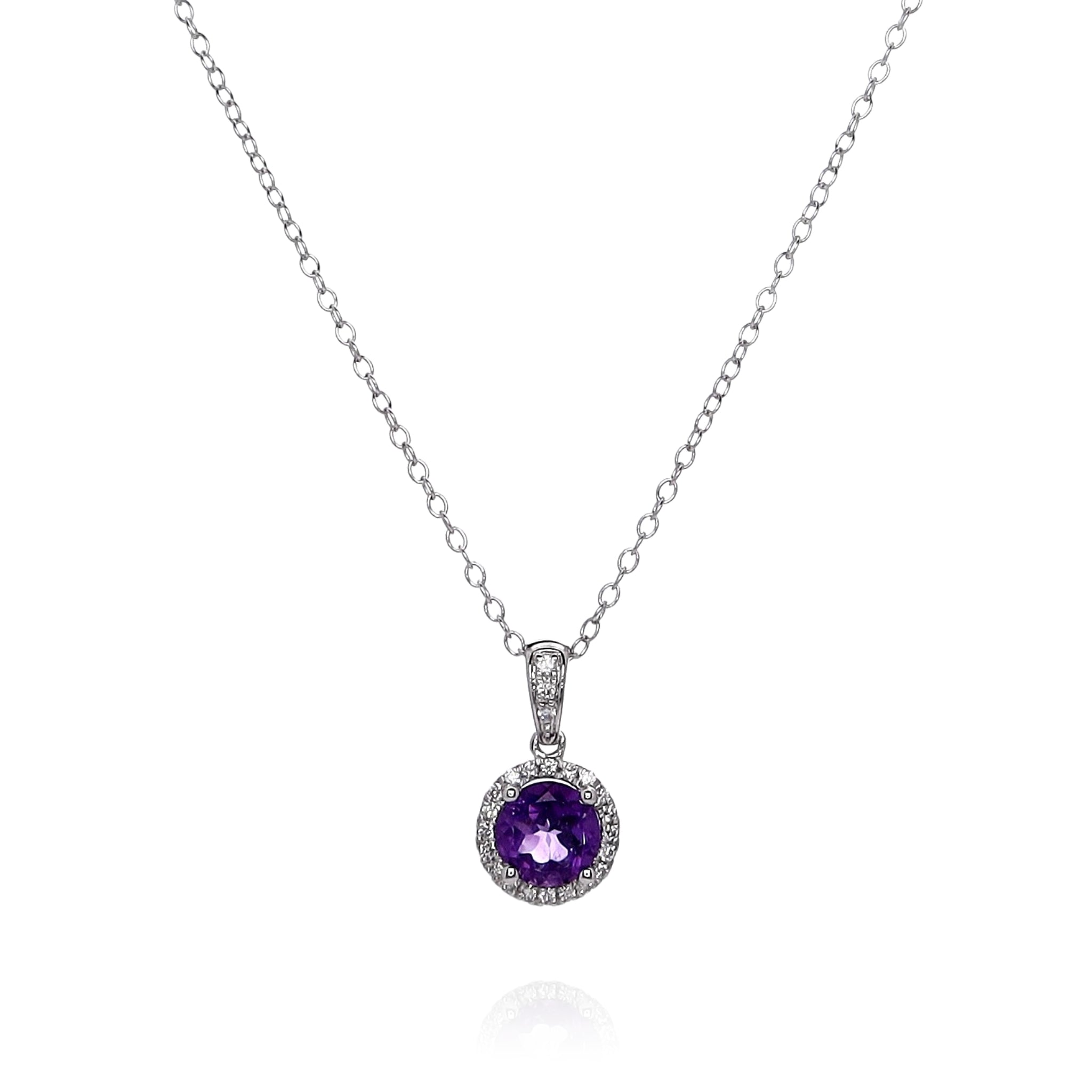14K White Gold Round Amethyst and Diamond Halo Pendant Necklace for Women | Elegant Purple Gemstone Jewelry Gift for Birthday, Anniversary & Valentine's Day