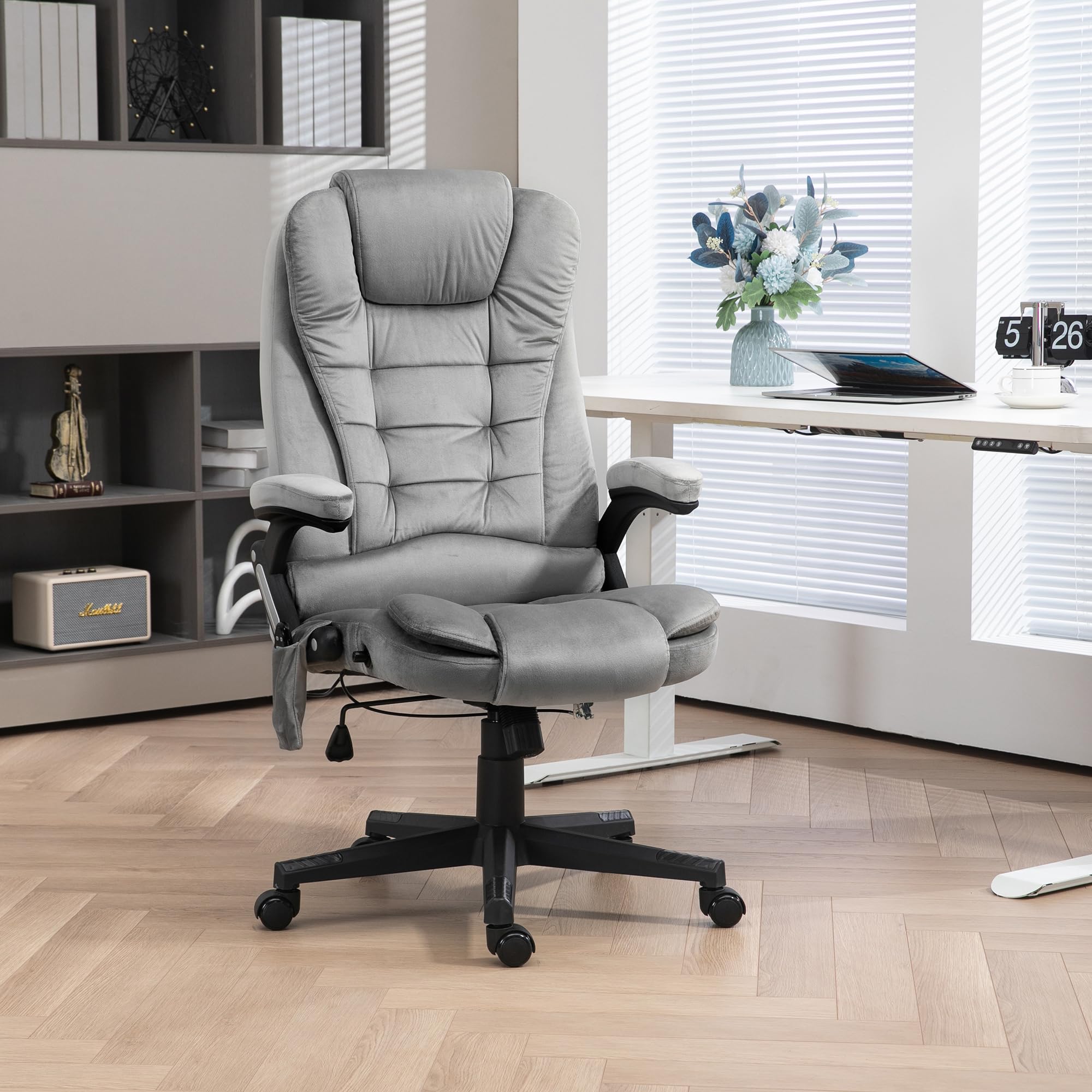HOMCOM 6-Point Vibrating Massage Office Chair with Heating - High Back Executive Chair, Reclining Backrest, Padded Armrests & Remote Control - Gray - Perfect for Home Office, Gaming & Relaxation