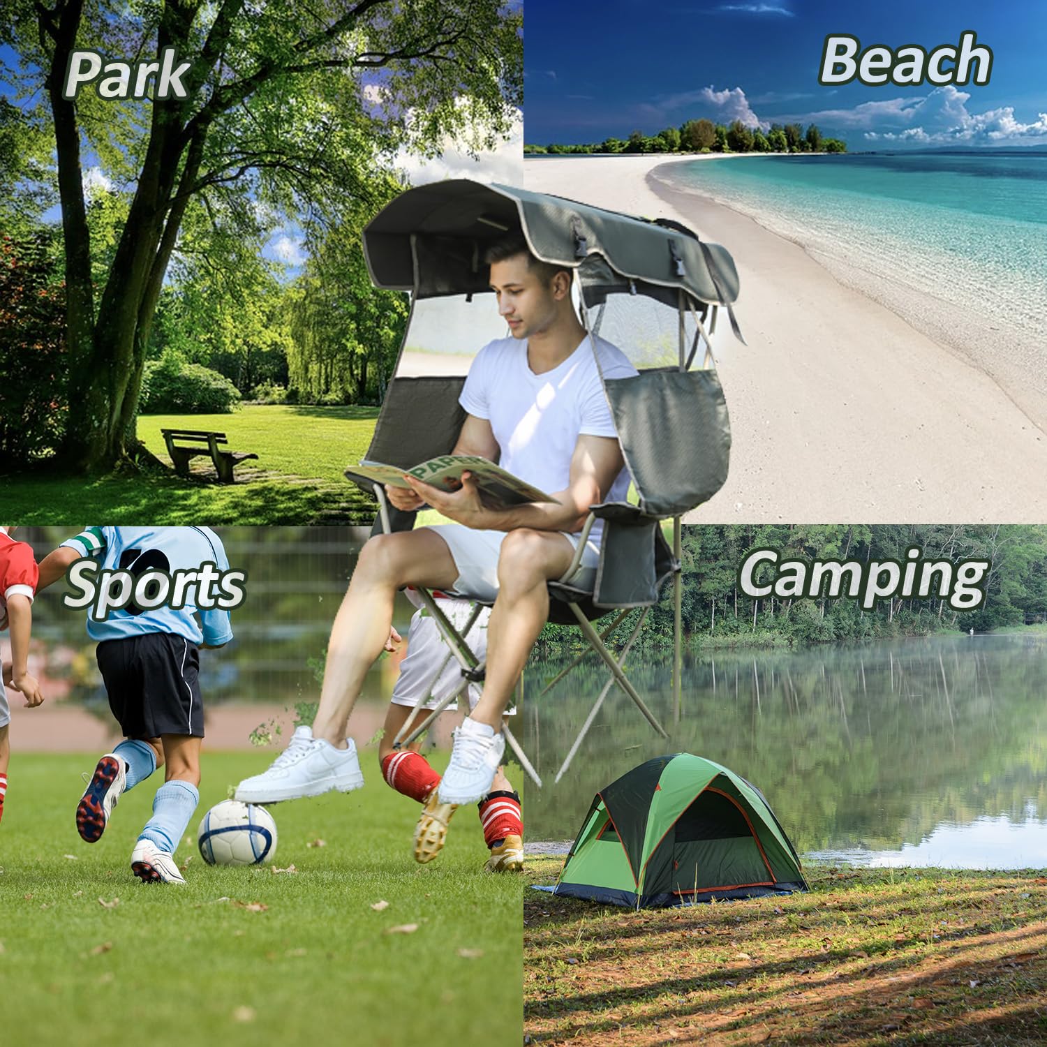 Premium Camping Chair with Full Sun Protection Canopy - Heavy Duty 330lbs Capacity Folding Outdoor Chair with Adjustable Shade, Cup Holder & Side Pockets - Perfect for Beach, Backyard, Picnic & Tailgating (Gray)