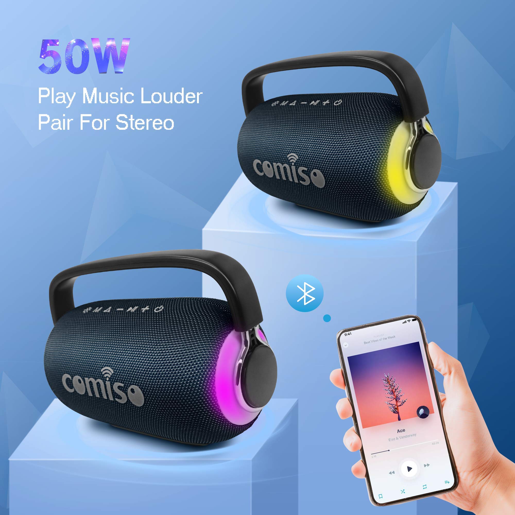 Comiso Portable Bluetooth Speaker - Waterproof Wireless Boombox with LED Lights, Deep Bass & Superior Stereo Audio, 40H Playback for Outdoor, Pool Party, Camping & Beach