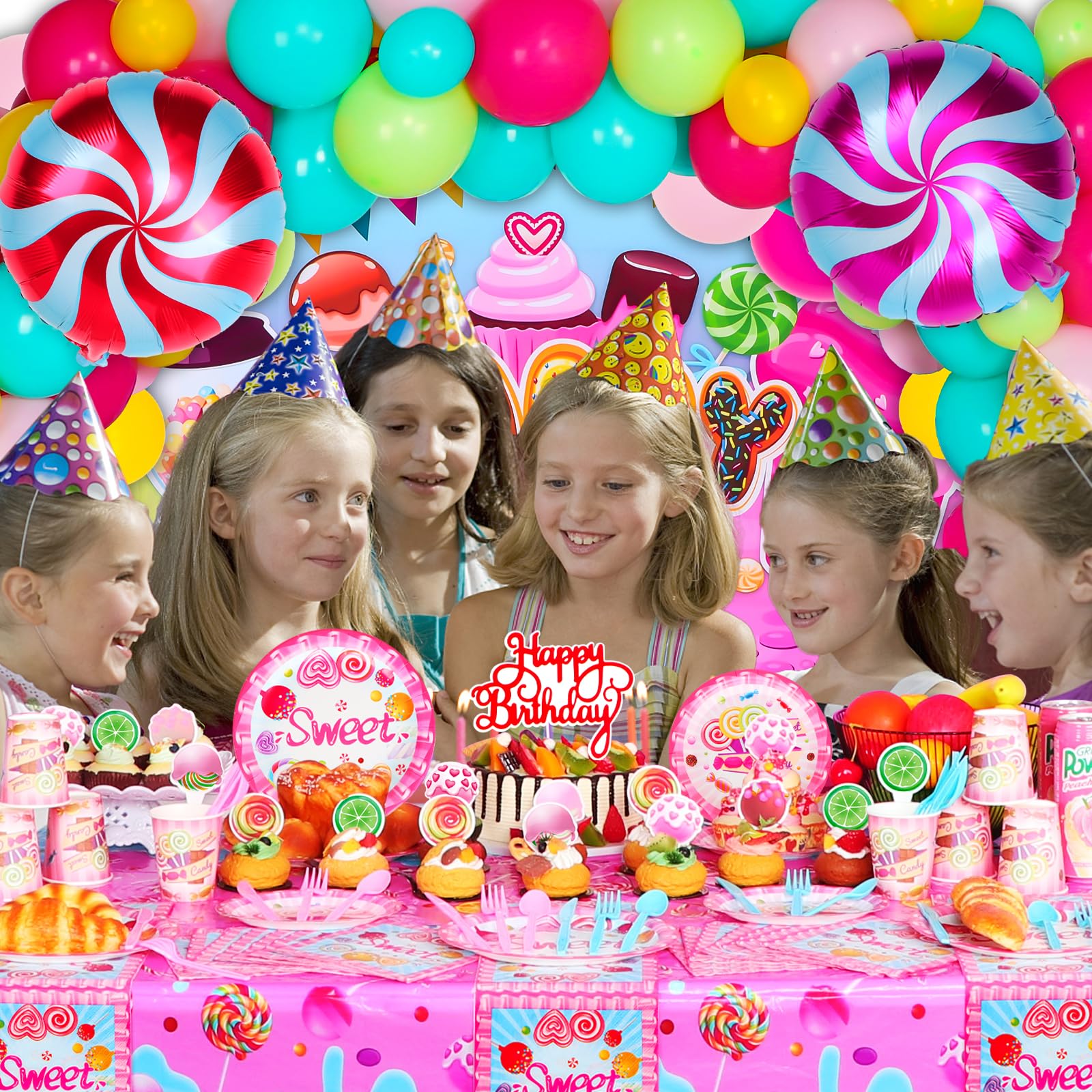 206-Piece Candyland Party Decorations Kit - Candy Balloons, Lollipop Backdrop, Tablecloth, Birthday Banner, Cake Toppers & Party Plates Napkins for Candy Themed Birthday, Baby Shower & Holiday Celebrations