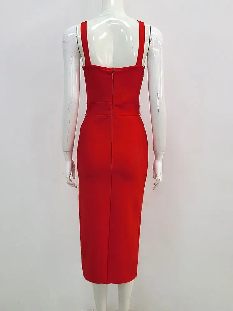 Ailigou Women's Red Sleeveless V-Neck Bandage Bodycon Midi Dress - Sexy Tight Club Party Dress for Night Out, Date Night & Special Occasions