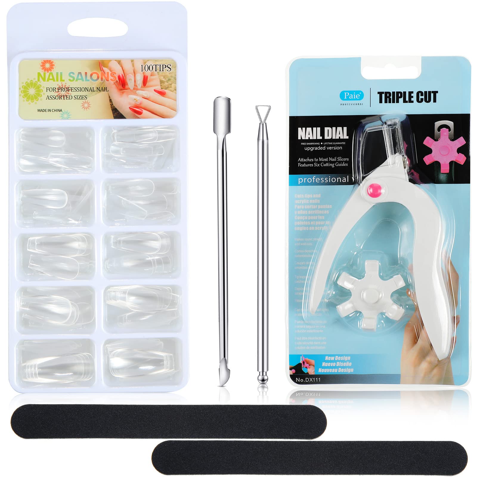 5-Piece Professional Nail Art Tools Kit with False Nail Cutter, Nail File, Cuticle Pusher, Remover & 100 Fake Nails | Complete Manicure Set for DIY Nail Art, Home Salon, Nail Extensions & Professional Use | Perfect for Gifts, Parties & Self-Care Routines | Ideal for Bridal, Spa Days & Travel Manicures