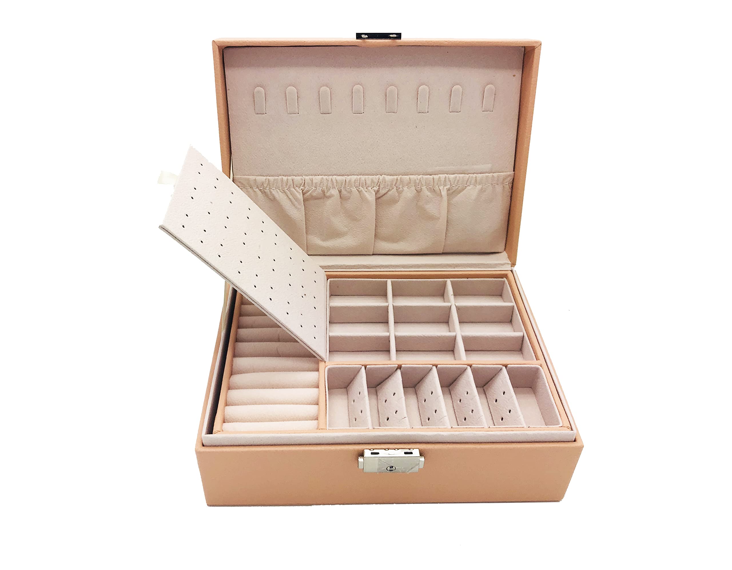 PACEKONER 2-Layer Lockable Jewelry Box Organizer for Women & Girls - Pink Jewelry Storage Case with Key for Necklaces, Rings & Earrings - Perfect for Travel, Home Decor & Gift Giving