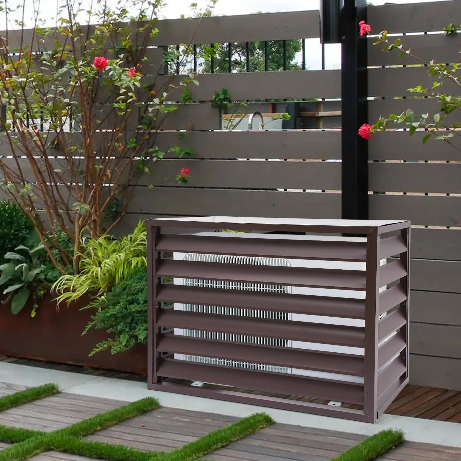 Outdoor Air Conditioner Privacy Fence Cover - Durable Metal AC Unit Fence with Louvered Design for Yard, Patio & Backyard | Space Divider & Equipment Protection (Coffee Color)