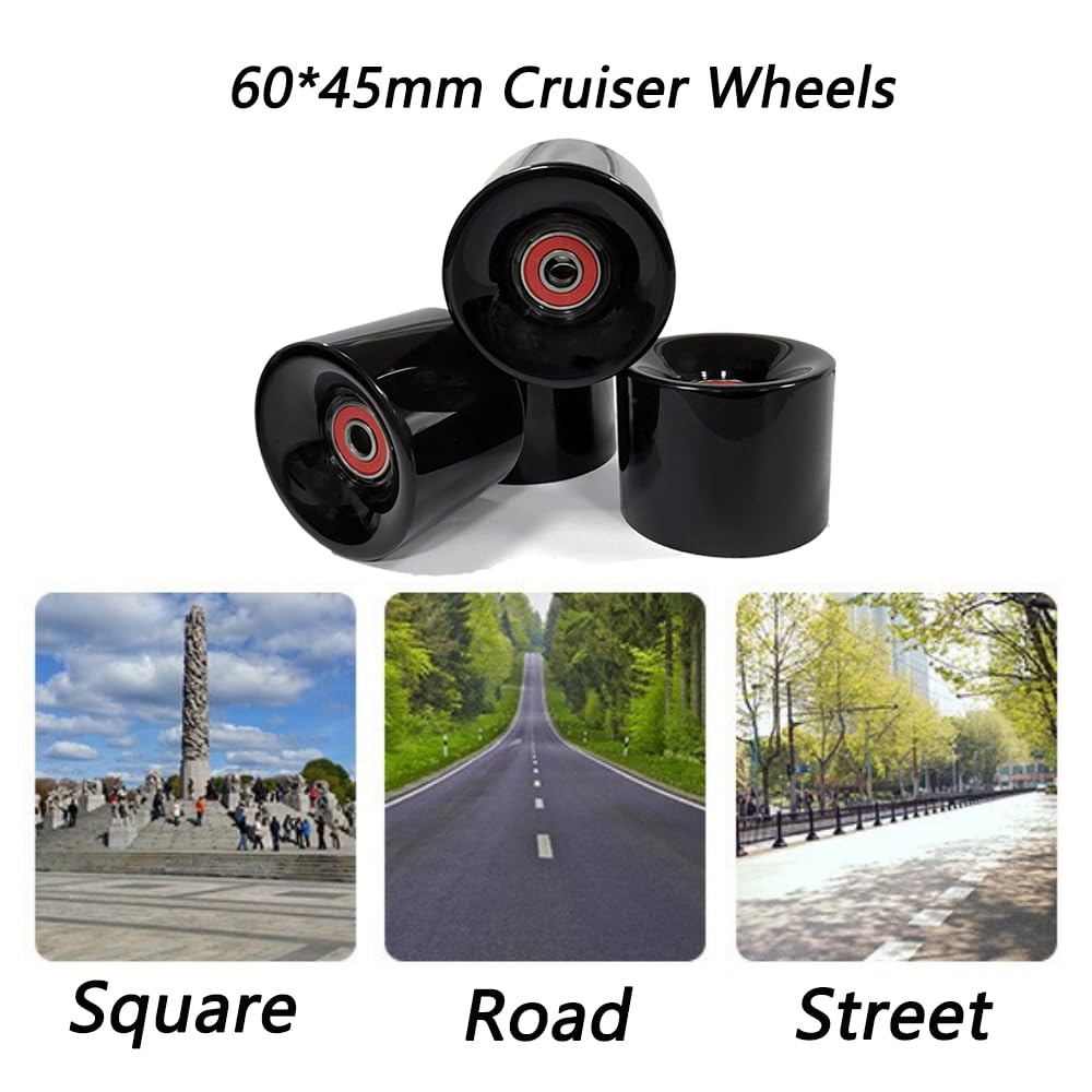 60mm Cruiser Wheels 80A with ABEC-9 Bearings, Spacers, Riser Pads, and Hardware Screws - Perfect for Cruiser Skateboards, Penny Boards, and Urban Commuting