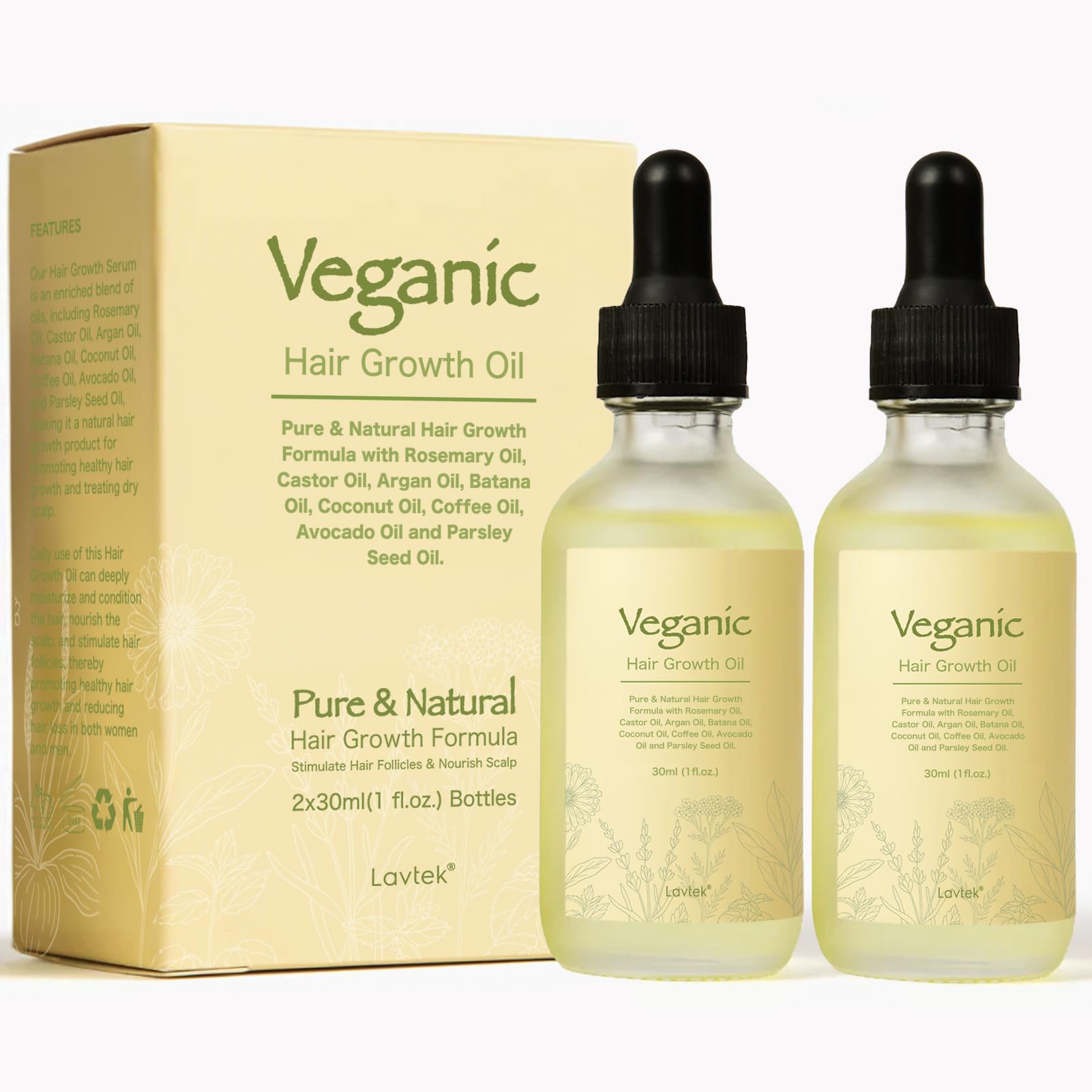 Veganic Natural Hair Growth Oil with Rosemary, Castor, Argan & Batana Oils - 30ml x 2 Pack for Thicker, Longer & Healthier Hair - Perfect for Daily Scalp Massage & Hair Care Routine