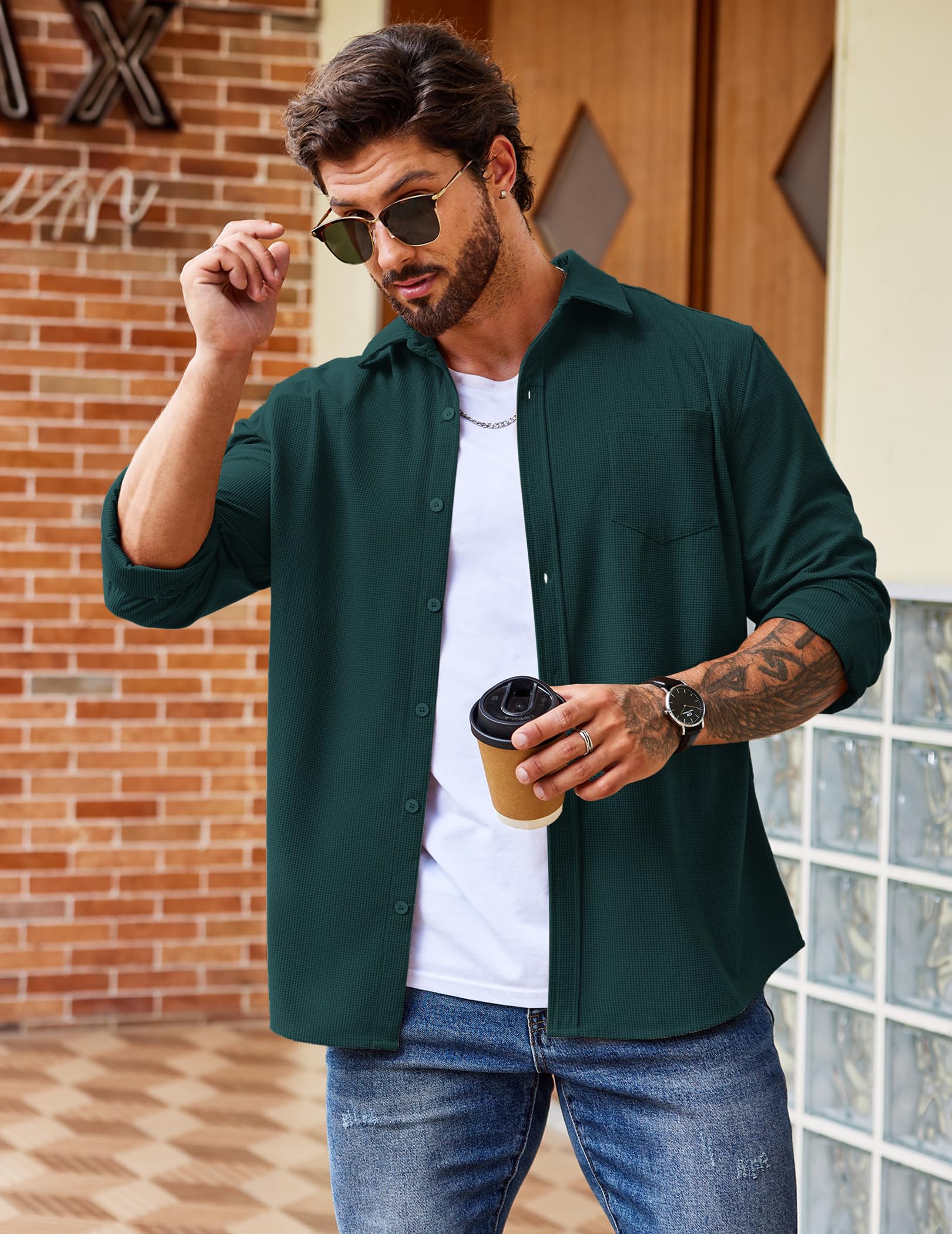 COOFANDY Men's Waffle Knit Button Down Shirt - Casual Long Sleeve Shacket Jacket with Pockets for Fall & Winter | Perfect for Outdoor Activities, Date Nights and Office Wear