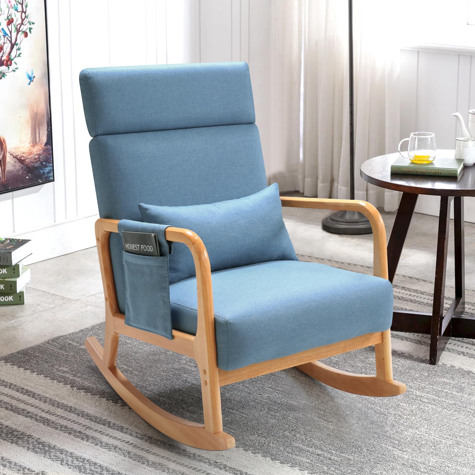 Solid Wood Rocking Chair - Upholstered Nursery Glider with High Back Support, Pillow & Magazine Pocket - Comfortable Accent Chair for Living Room, Bedroom, Nursery or Study - Perfect for Nursing, Reading & Relaxing (Blue)