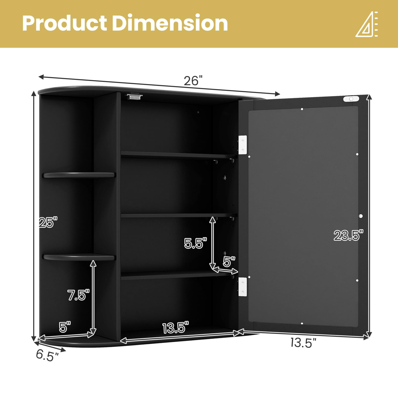 Tangkula Black Wall Mounted Bathroom Medicine Cabinet with Mirror - Adjustable Shelves, 6 Open Storage & Door - Space Saving Bathroom Organizer for Toiletries, Cosmetics & Essentials | Perfect for Small Bathrooms, Vanities & Home Decor
