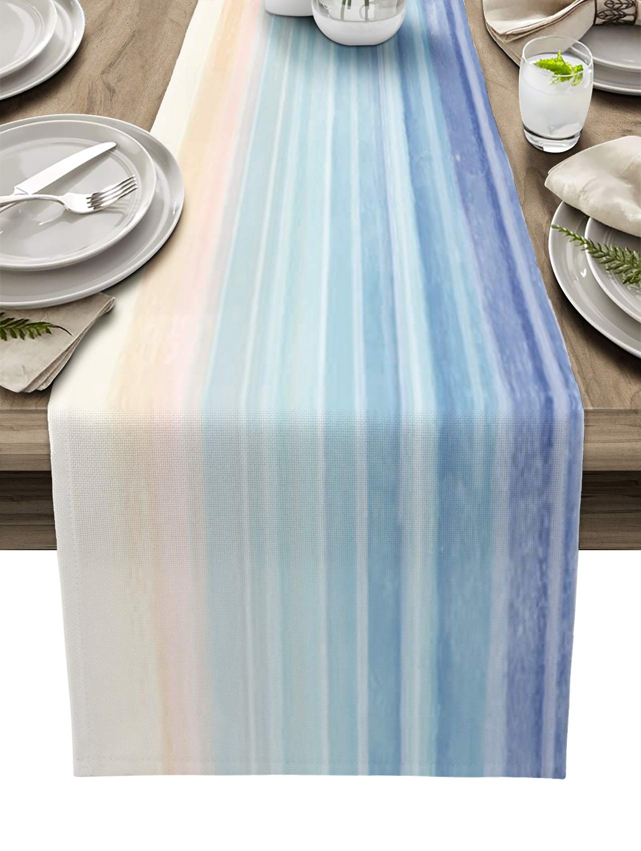 70 Inch Burlap Linen Table Runner - Watercolor Blue Sky Orange Ombre Gradient Farmhouse Decor for Kitchen, Dining, Coffee Table, Dresser | Perfect for Parties, Banquets & Sunset-Themed Events