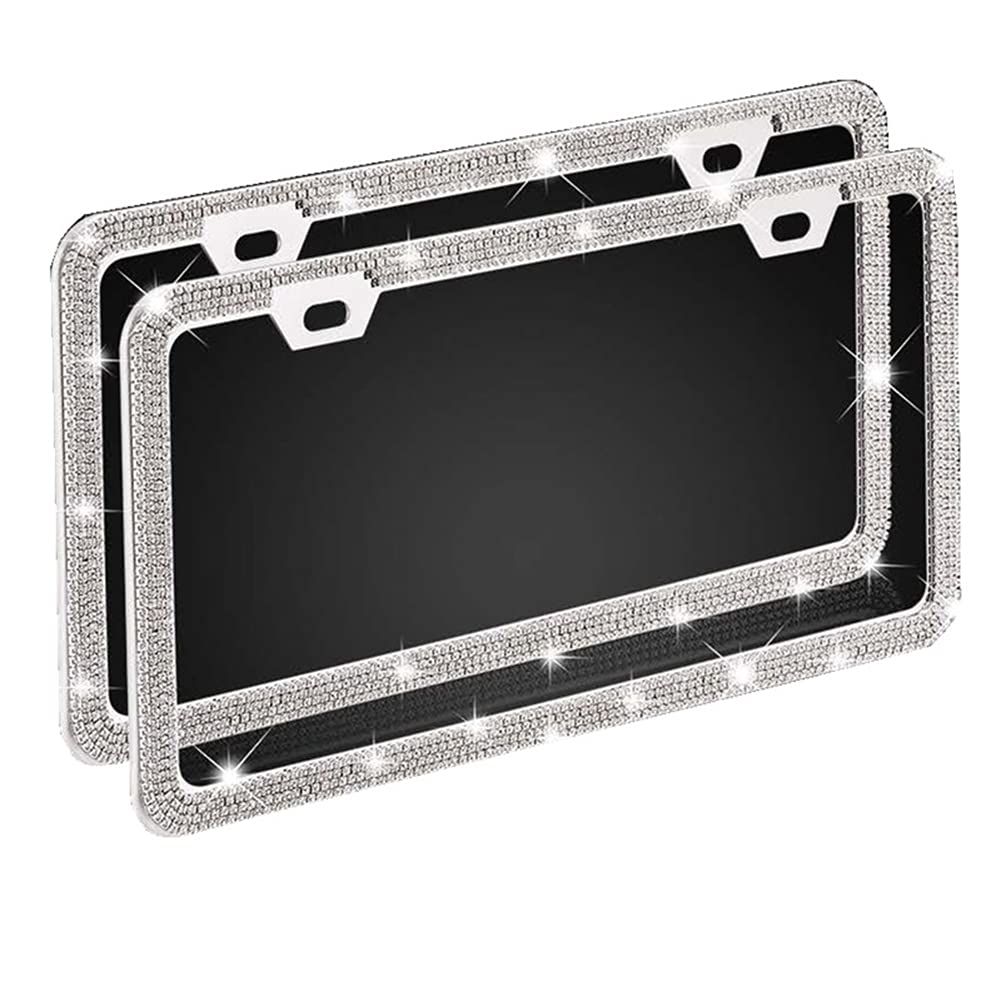 2PCS Bling Rhinestone License Plate Frames - Sparkling Crystal Stainless Steel Car License Plate Cover with Screw Caps - Durable Front/Back License Plate Decoration for Cars, SUVs & Trucks - Perfect for Car Shows, Weddings & Special Events