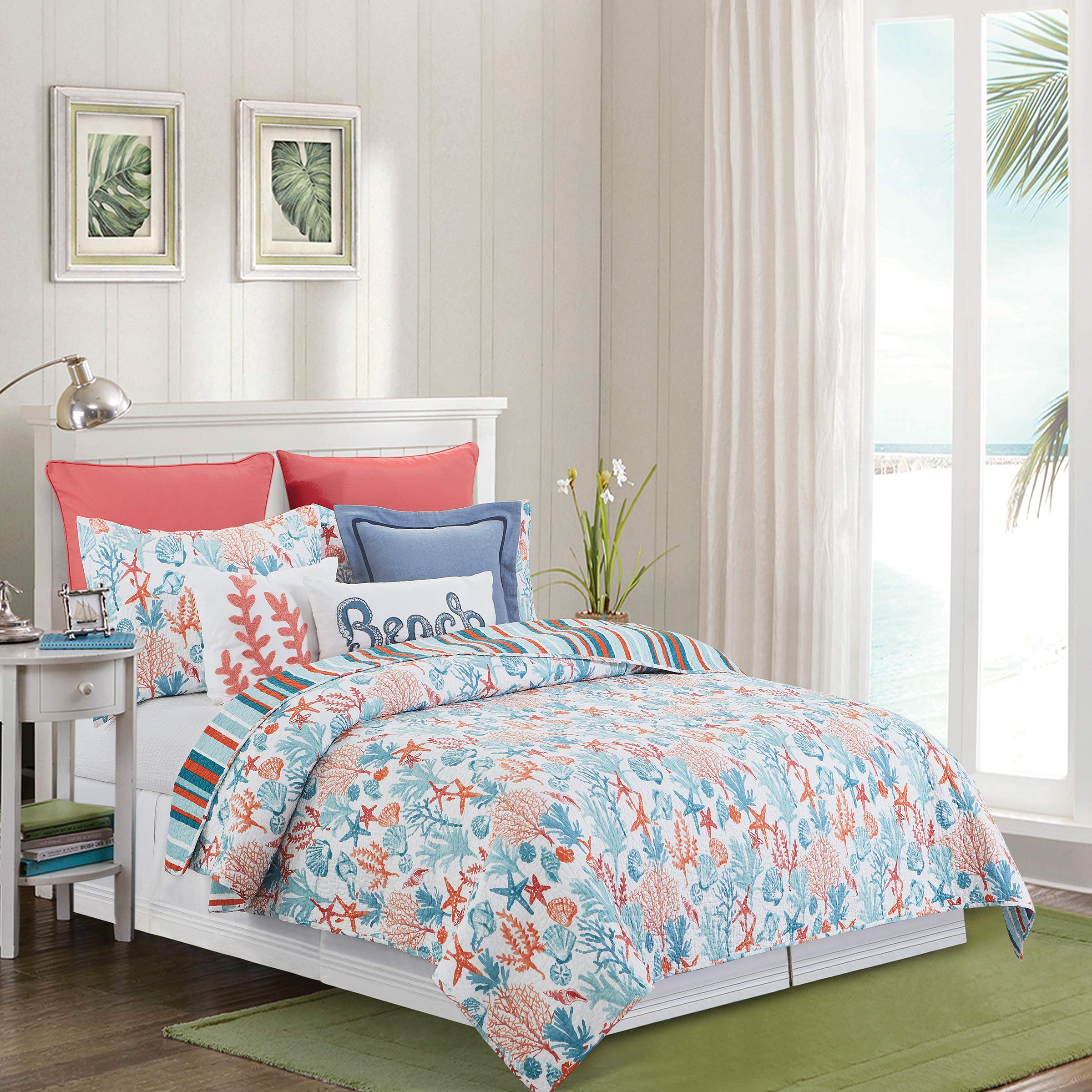 Reversible Coastal Tropical Stripe Quilt Set - Full/Queen 3-Piece Machine Washable Cotton Bedding in Orange & Blue | Beach House Decor, Guest Room & Summer Bedroom Upgrade
