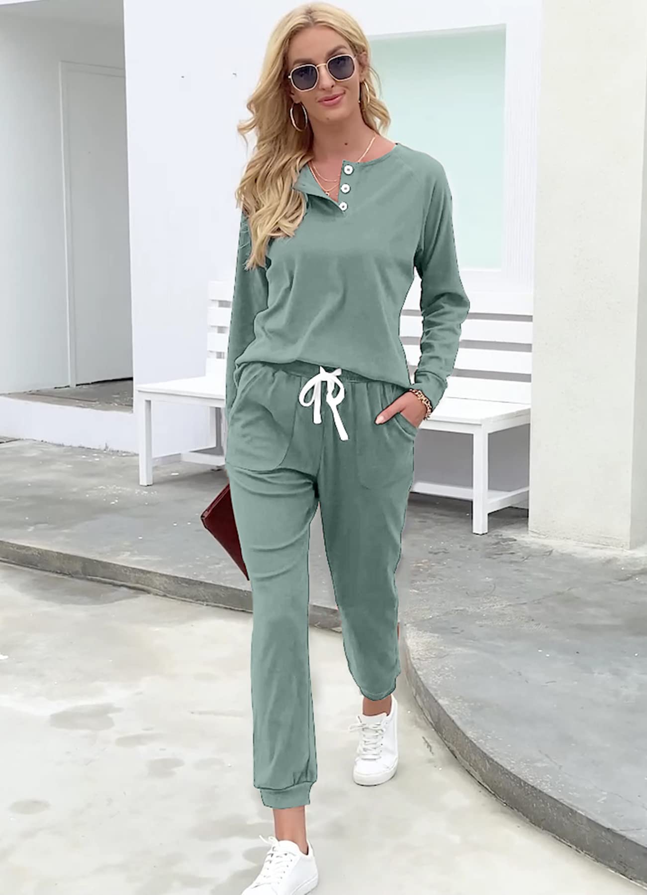 WIHOLL Women's 2-Piece Lounge Set - Button Down Sweatshirt & Sweatpants Outfit with Pockets | Comfy Casual Wear for Home, Travel & Relaxation