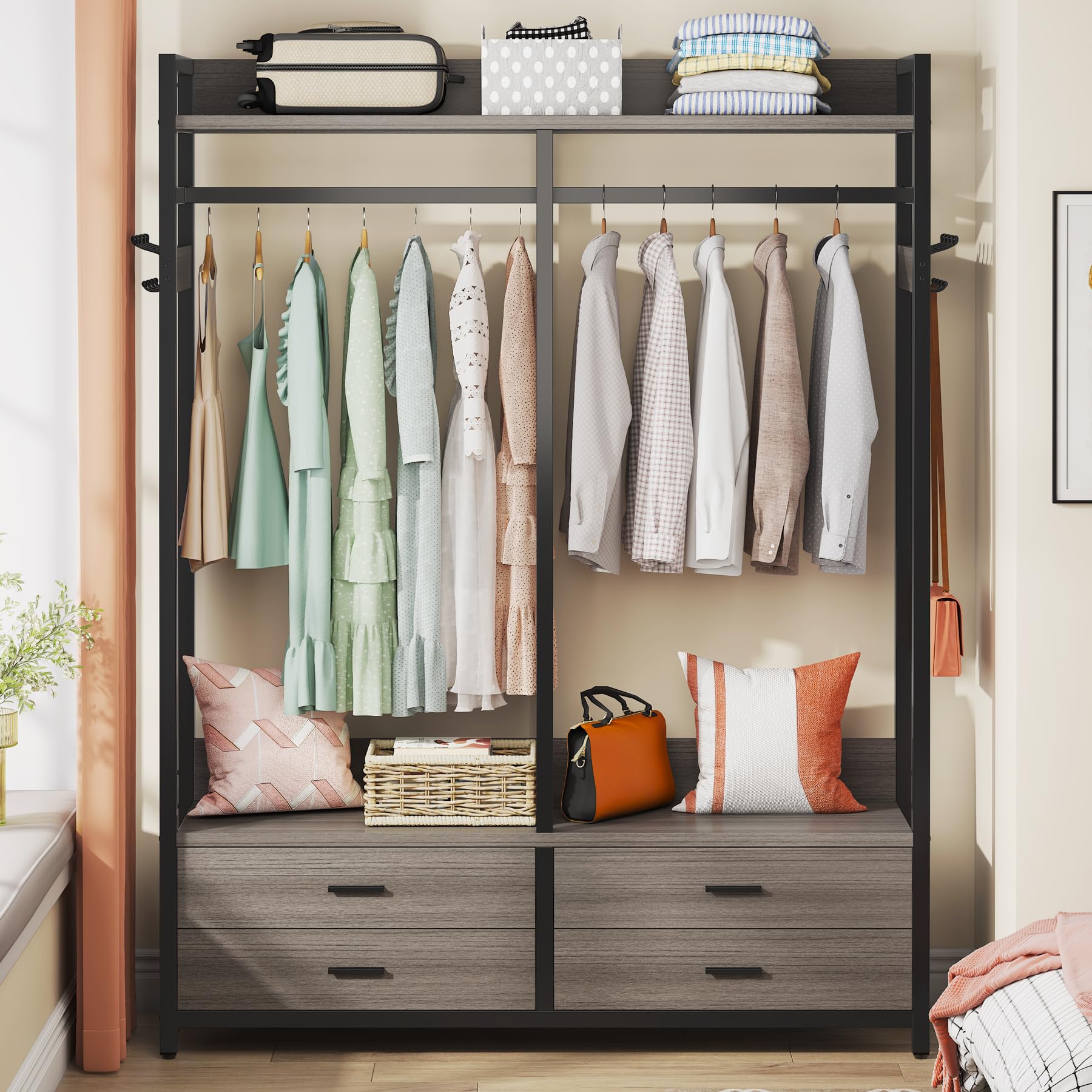 Tribesigns Heavy Duty Freestanding Closet Organizer - 4 Drawers, 8 Hooks & Storage Shelves Garment Rack for Hanging Clothes | Wardrobe Storage Solution for Bedroom, Living Room & Walk-In Closets | Space-Saving Grey Clothing Rack for Home Organization