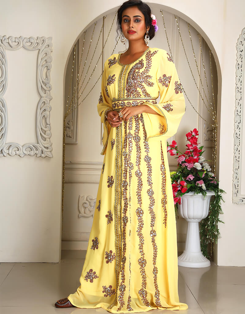 Exquisite Arabic Ivory Georgette Stone Embroidered Moroccan Caftan - Perfect for Weddings, Parties & Special Occasions