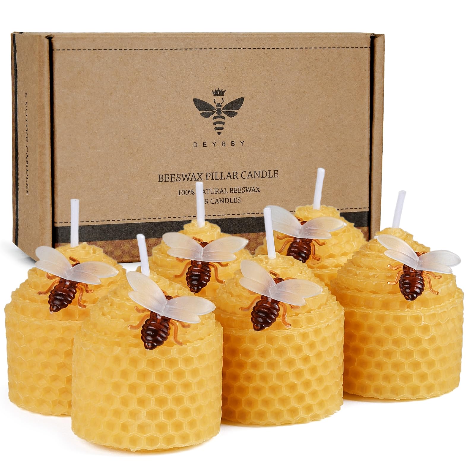DEYBBY Natural Beeswax Candles - Set of 6 Small Bee Votive Candles with Honeycomb & Bee Decorations, Perfect for Home Decor, Wedding Favors & Relaxation (Yellow)
