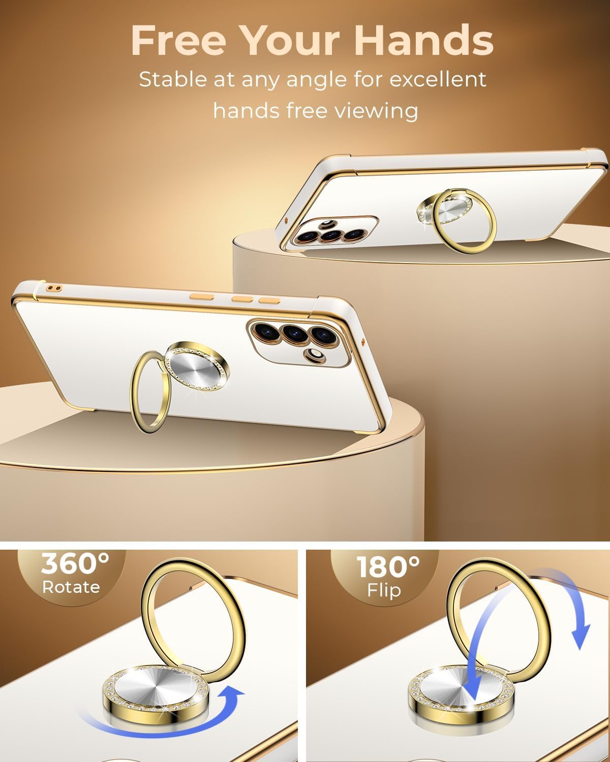 Premium Luxury Electroplated Samsung Galaxy S24 Plus Case with Ring Holder & Lanyard - Shockproof Soft Protective Cover for Women & Girls (White) - Perfect for Work, Travel & Everyday Protection