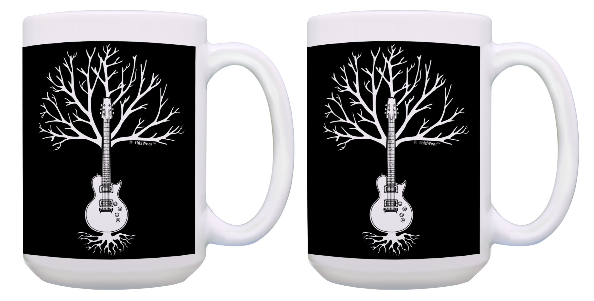 Tree of Life Electric Guitar Music Gift Set - 2 Pack 15oz Black Ceramic Coffee Mugs for Guitar Lovers | Perfect for Musicians, Music Teachers & Guitar Enthusiasts